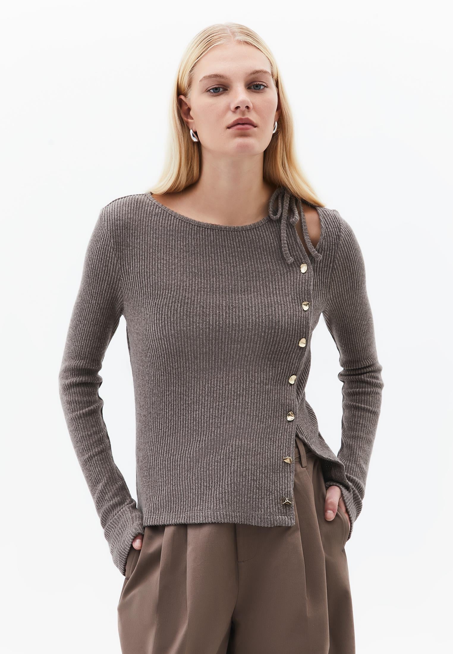 Boat Neck Long Sleeve Blouse With Button Details - MOREL MELANGE