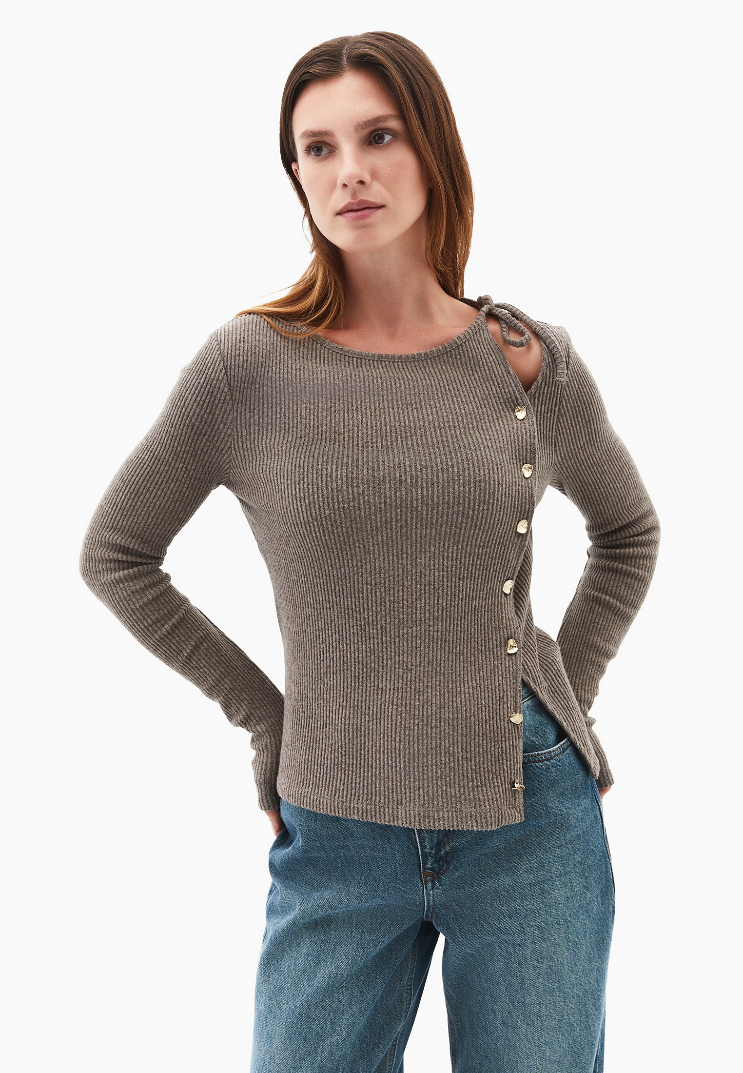Boat Neck Long Sleeve Button Detailed Blouse - MOREL MELANGE
