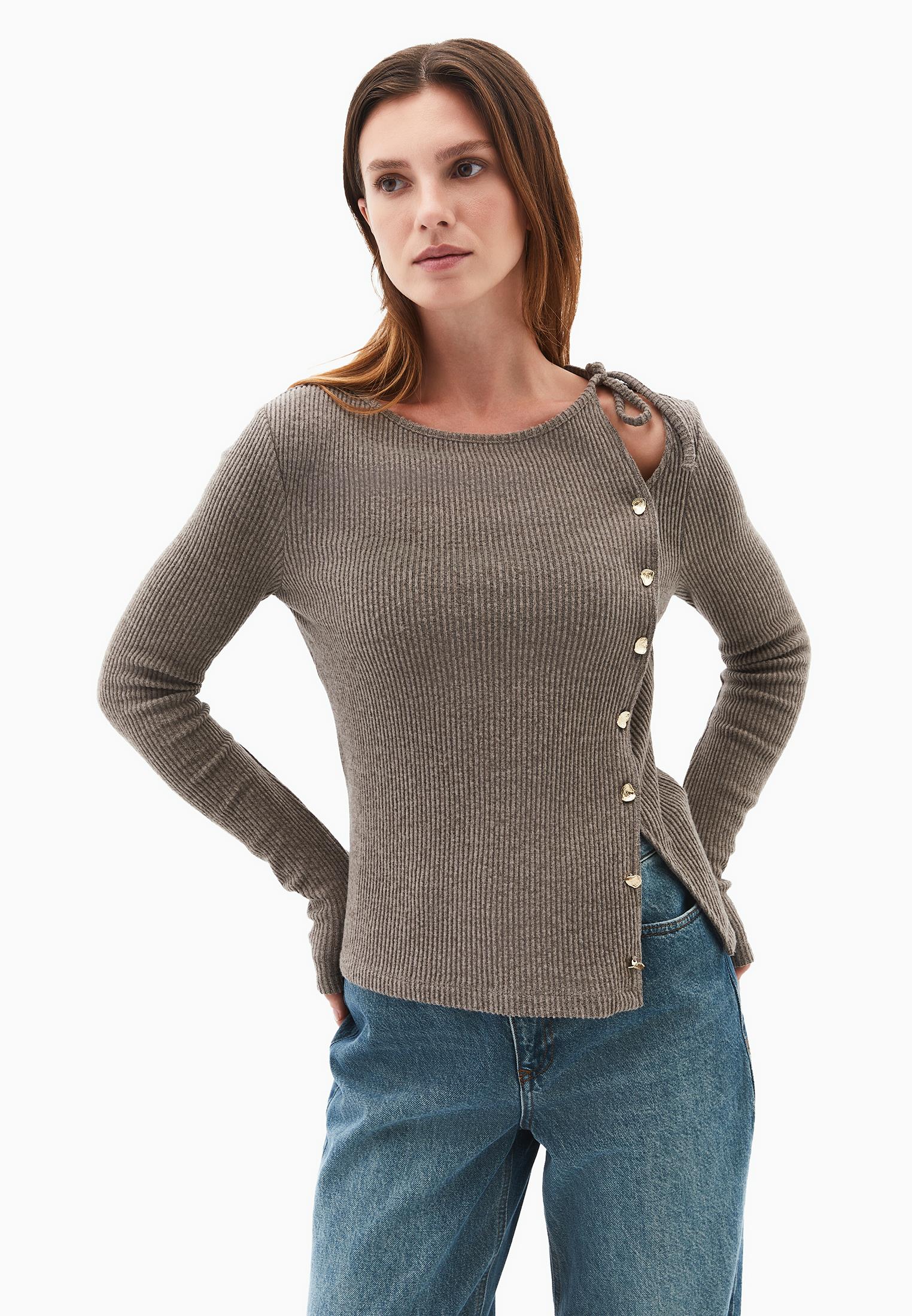 Boat Neck Long Sleeve Button Detailed Blouse - MOREL MELANGE