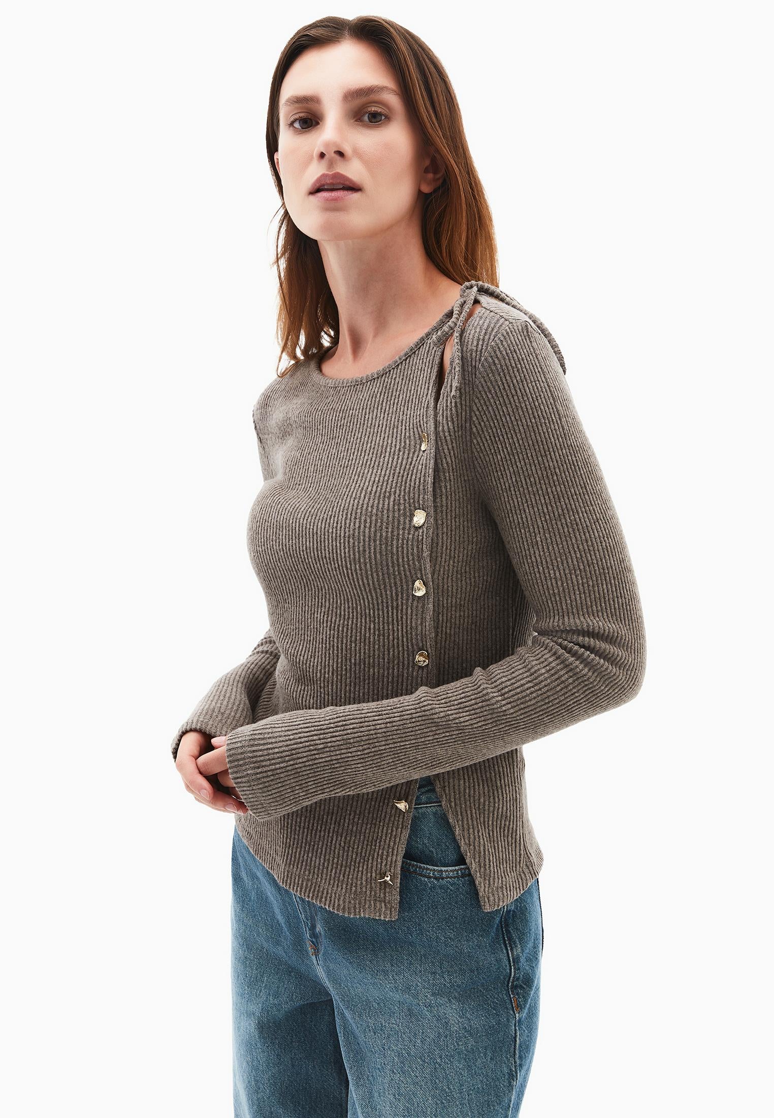 Boat Neck Long Sleeve Button Detailed Blouse - MOREL MELANGE