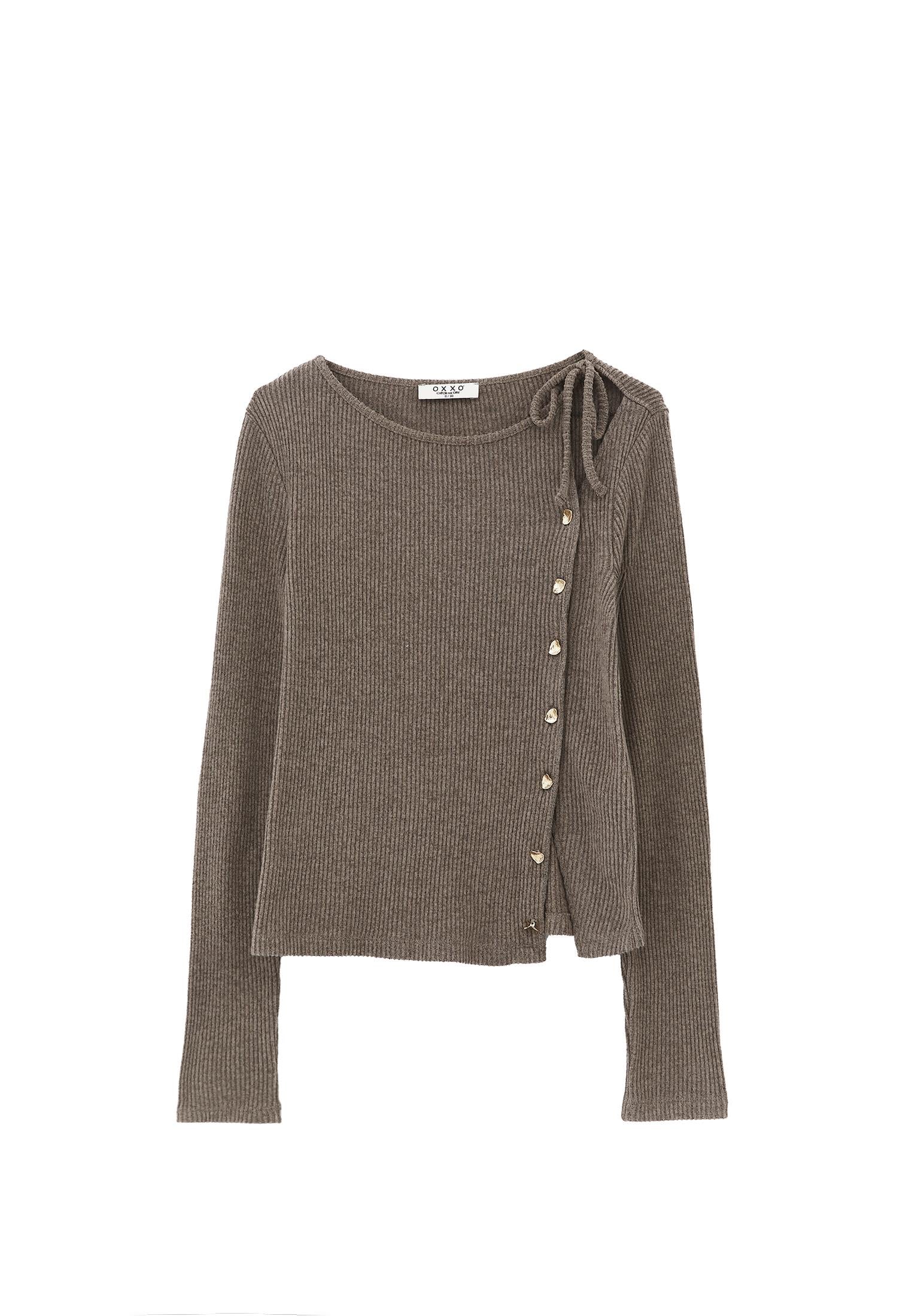 Boat Neck Long Sleeve Button Detailed Blouse - MOREL MELANGE
