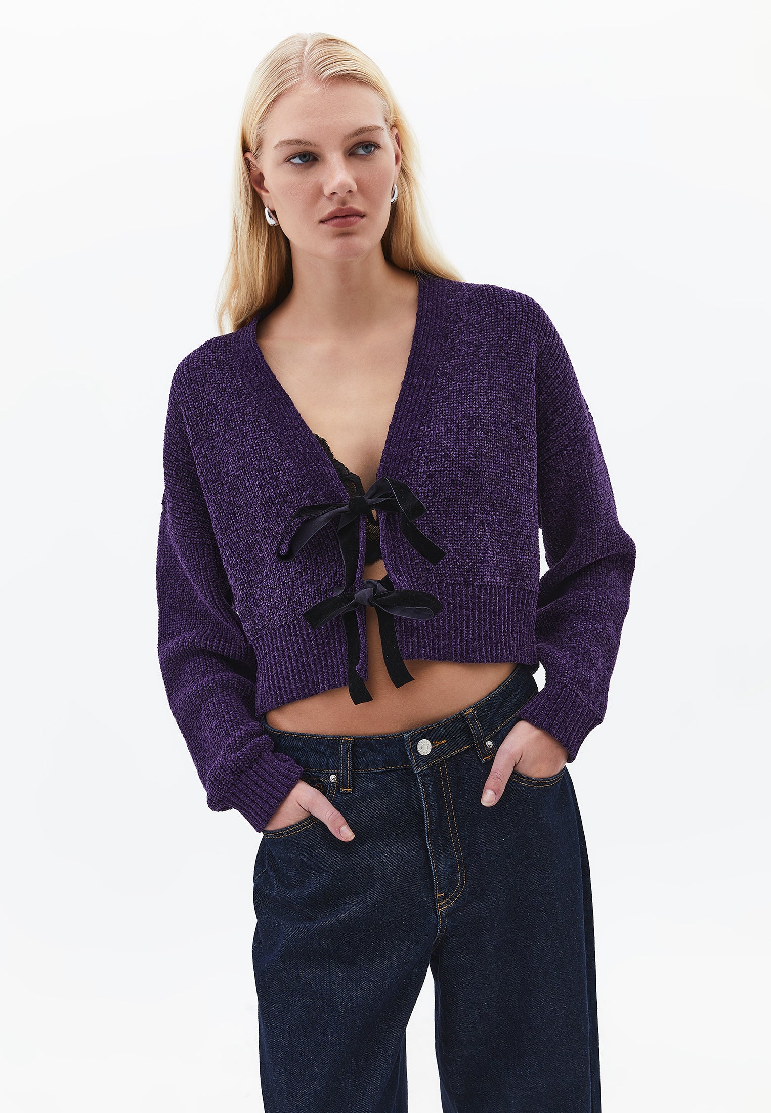 V Neck Long Sleeve Loose Cardigan - MULBERRY PURPLE