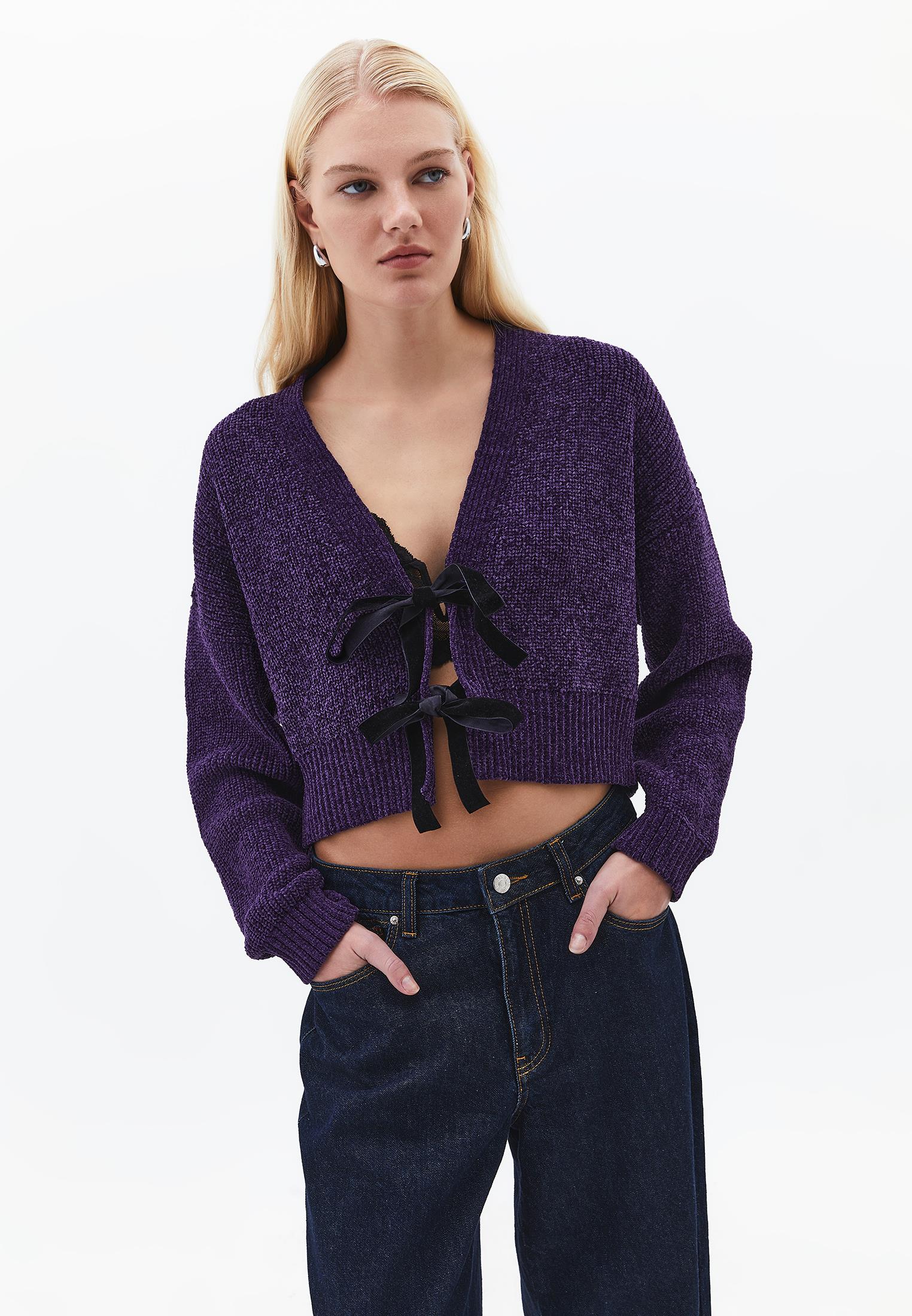 V Neck Long Sleeve Loose Cardigan - MULBERRY PURPLE