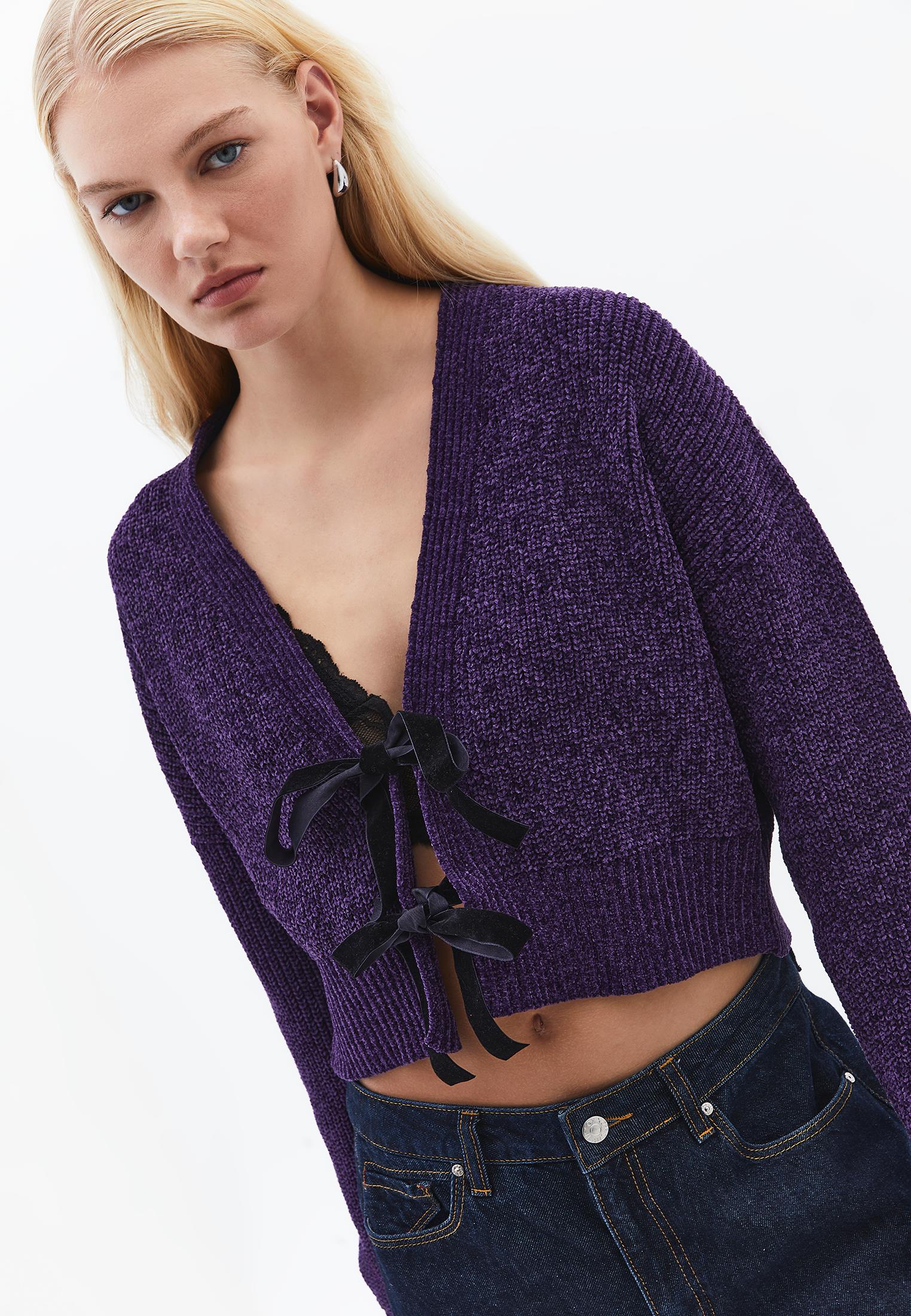 V Neck Long Sleeve Loose Cardigan - MULBERRY PURPLE