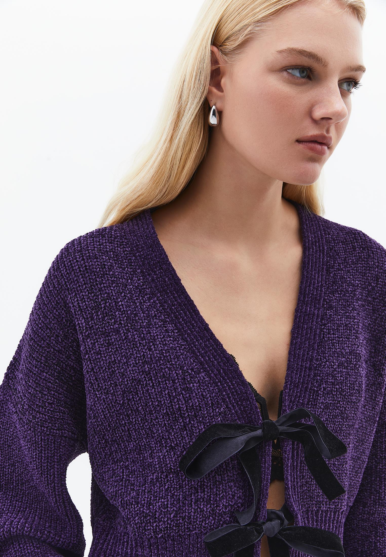 V Neck Long Sleeve Loose Cardigan - MULBERRY PURPLE