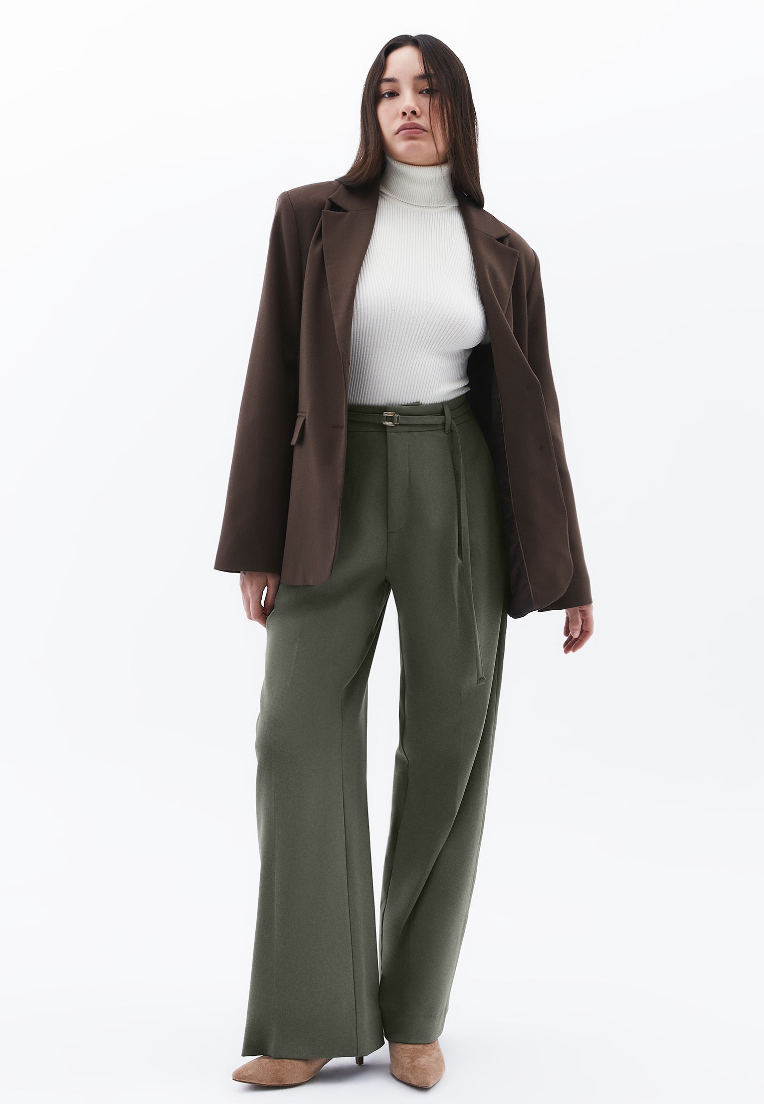 Straight Pants With Belt Detail - MULLED BASIL
