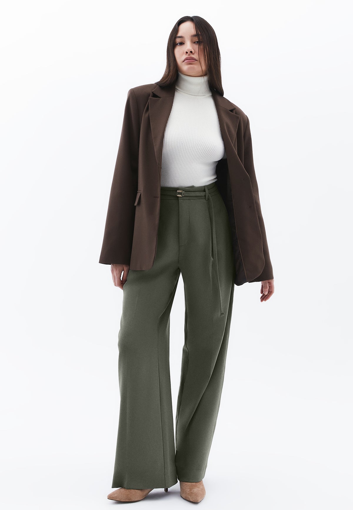 Straight Pants with Belt Detail - MULLED BASIL
