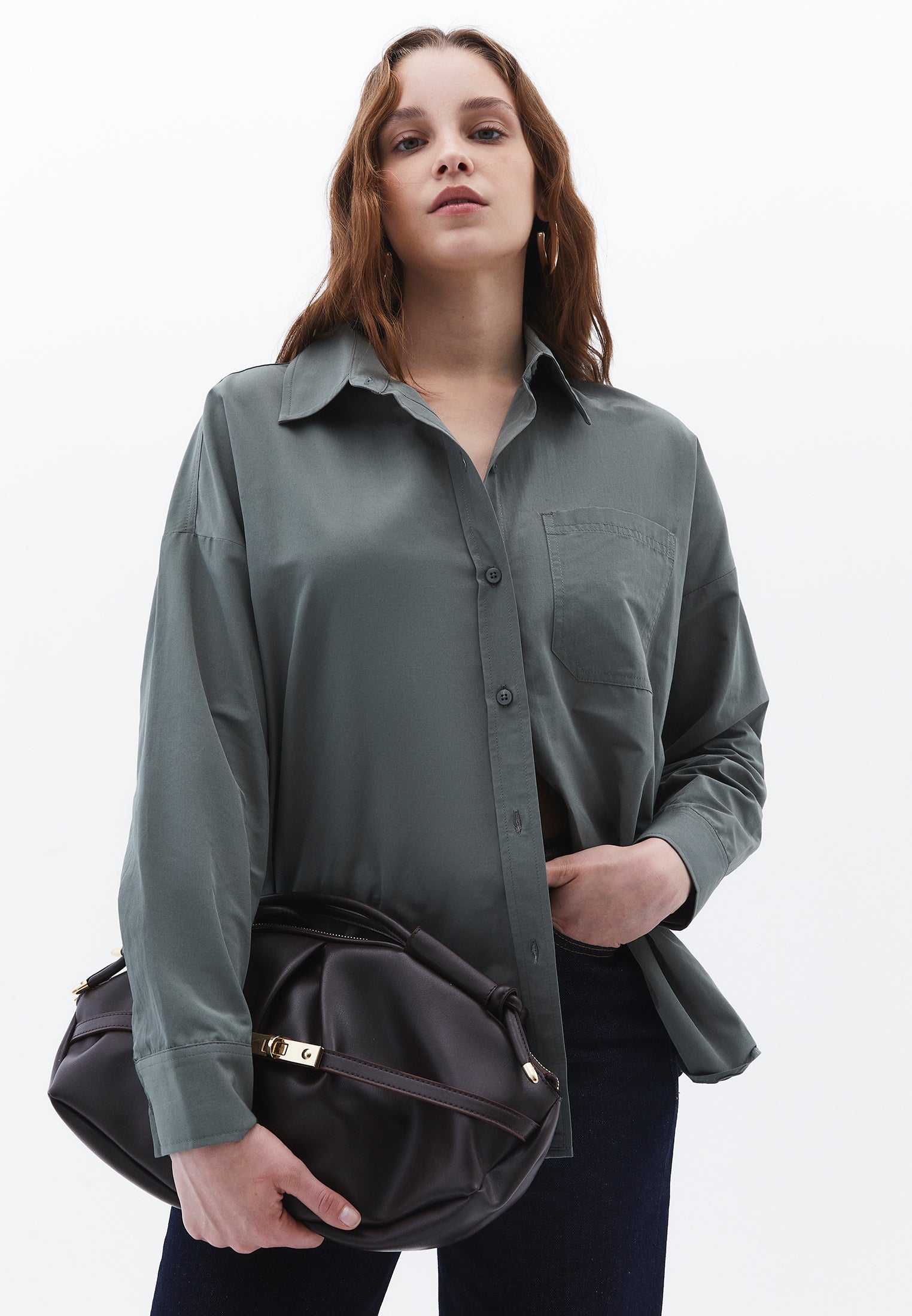 Oversize Long Sleeve Printed Shirt - MULLED BASIL