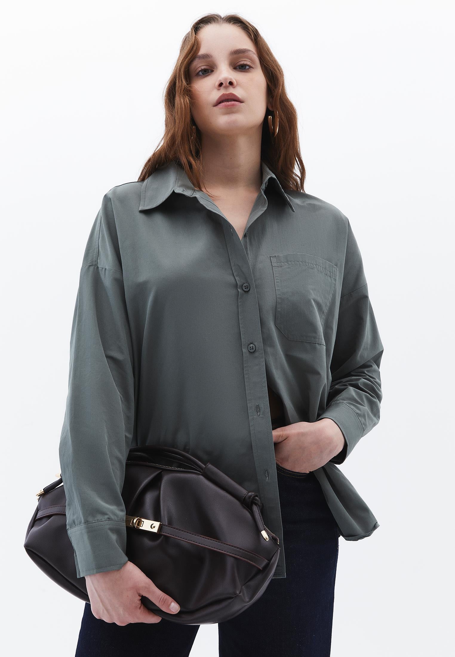Oversize Long Sleeve Printed Shirt - MULLED BASIL