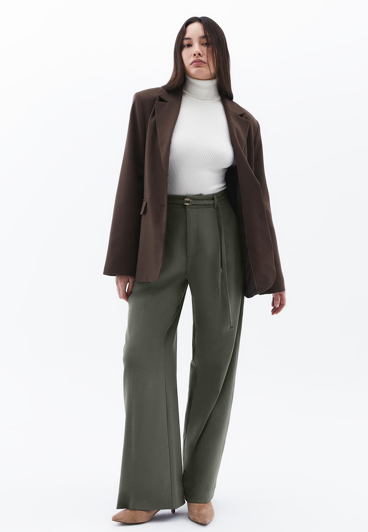 Straight Pants With Belt Detail - MULLED BASIL