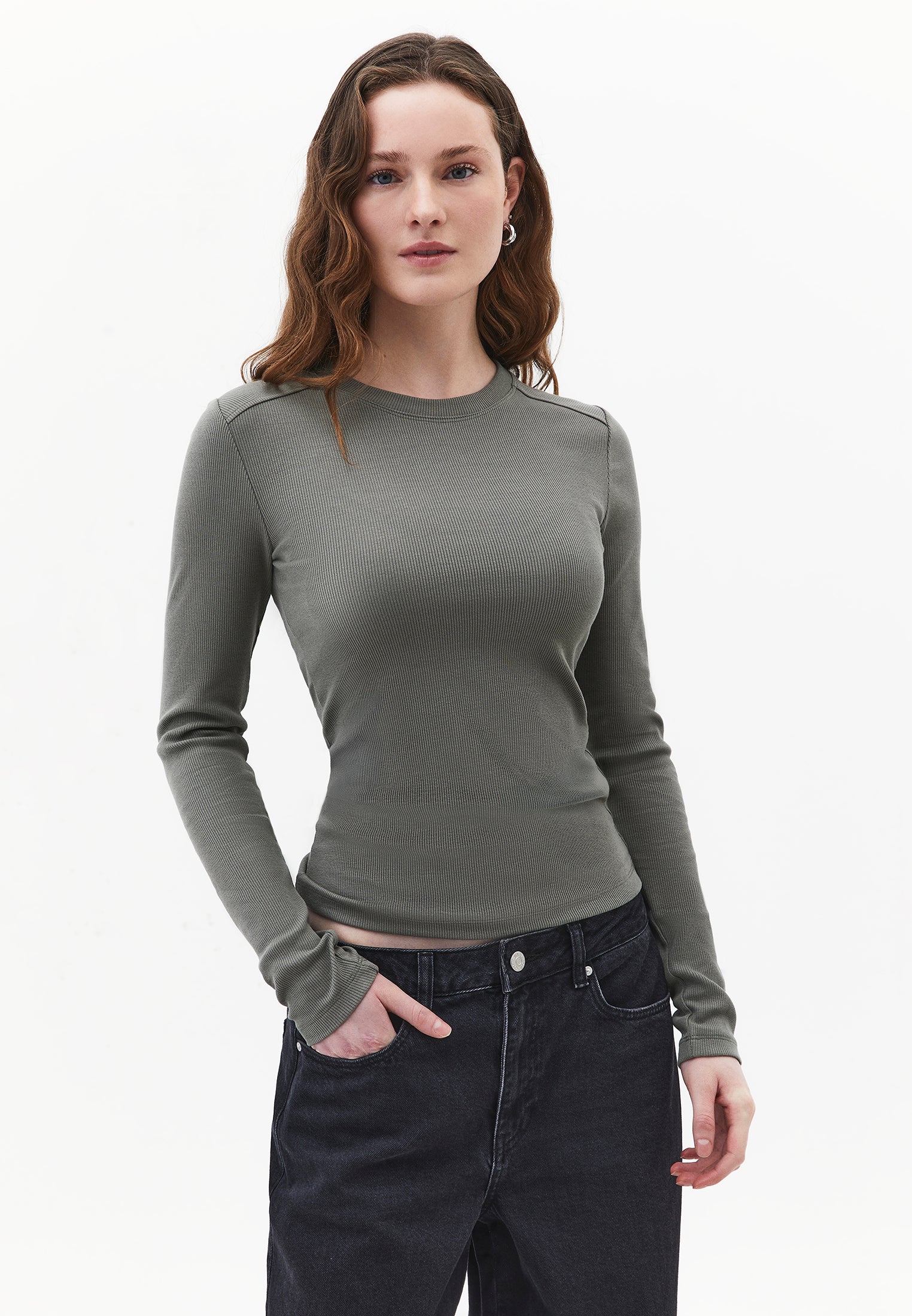 Crew Neck Long Sleeve Bodycon T-Shirt - MULLED BASIL