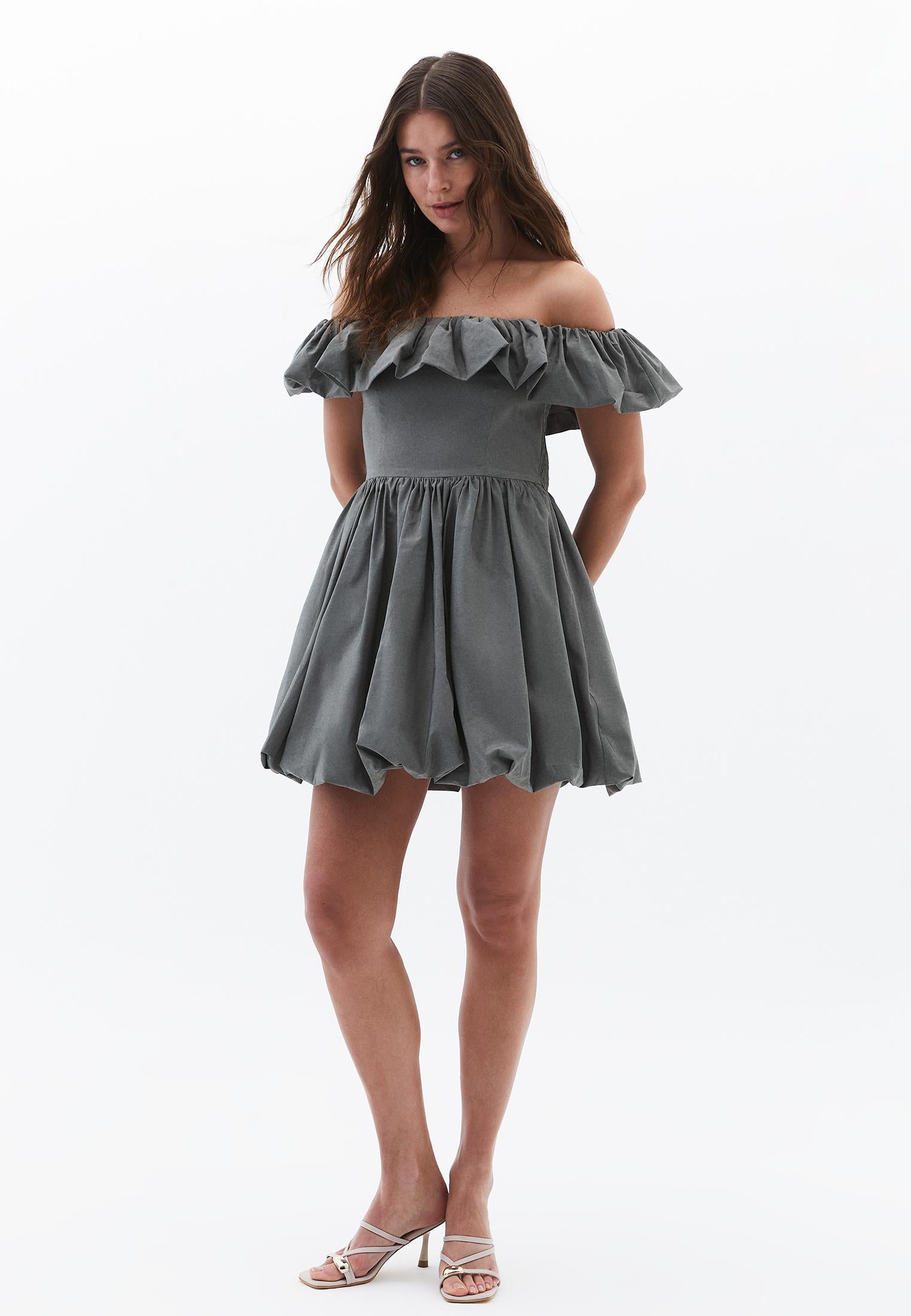 Balloon Shape Sleeveless Short Dress with Dropped Shoulder - MULLED BASIL