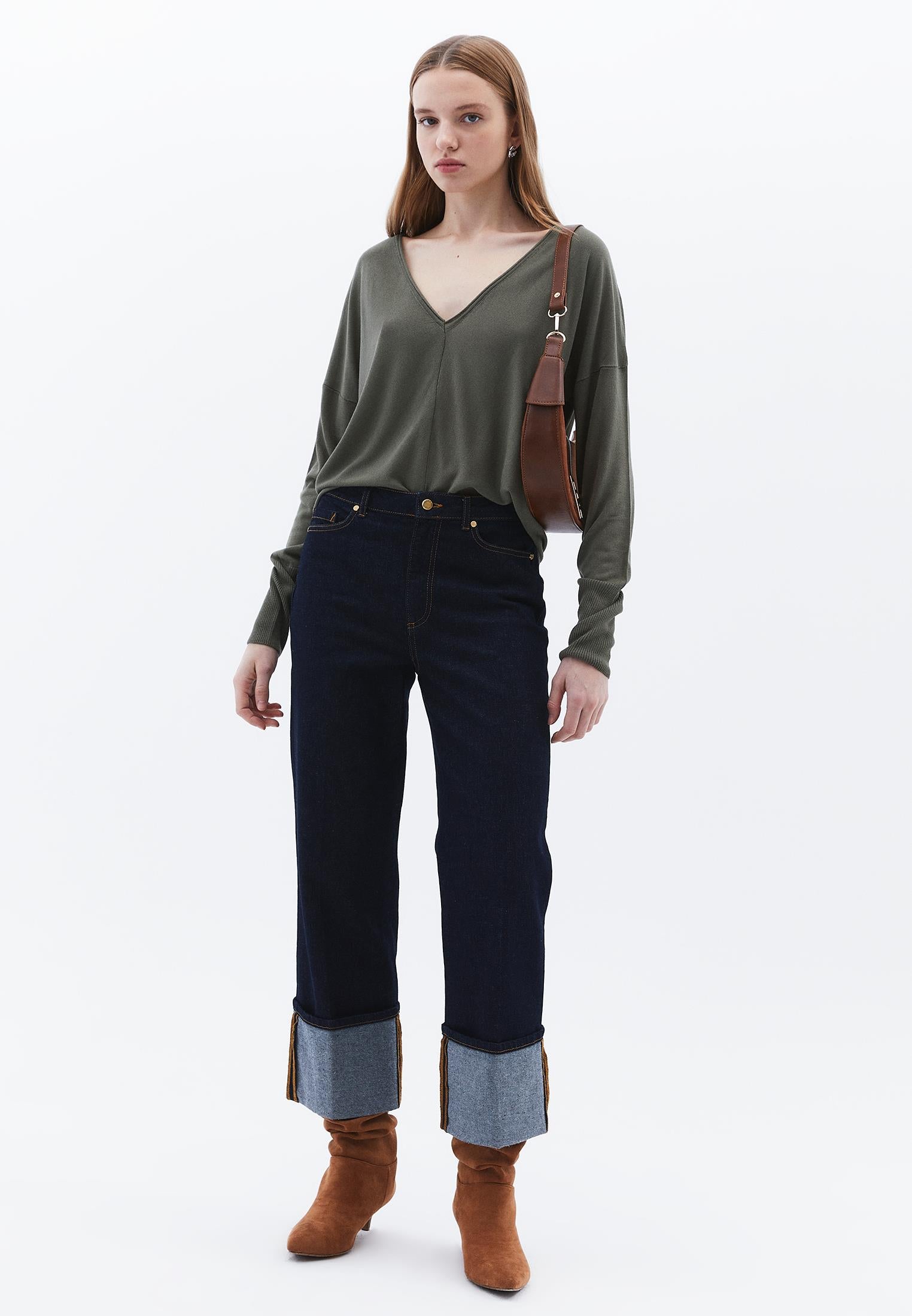 V Neck Long Sleeve Knitwear - MULLED BASIL