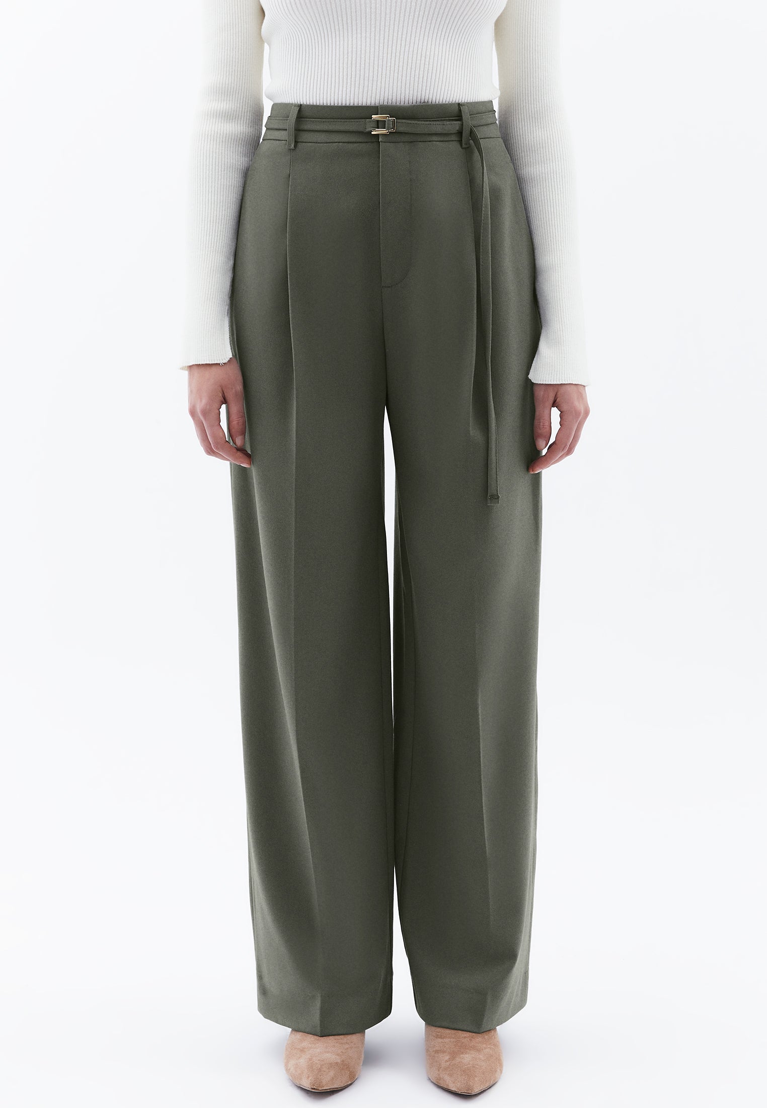 Straight Pants With Belt Detail - MULLED BASIL