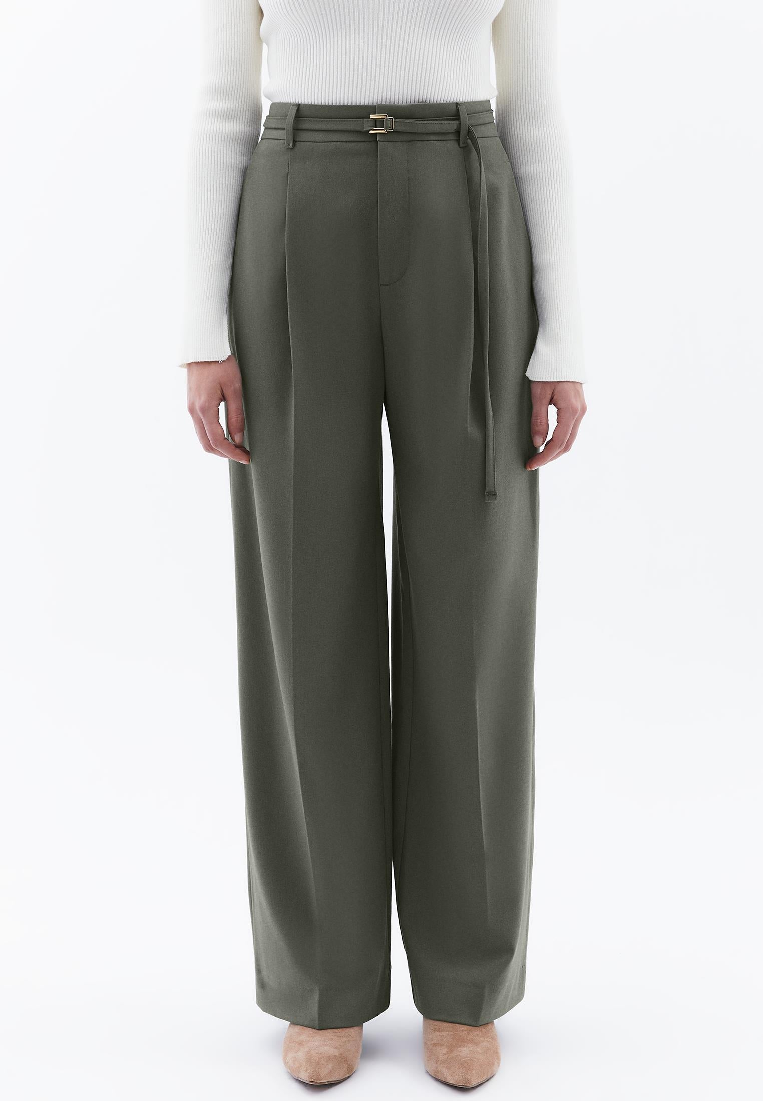 Straight Pants With Belt Detail - MULLED BASIL