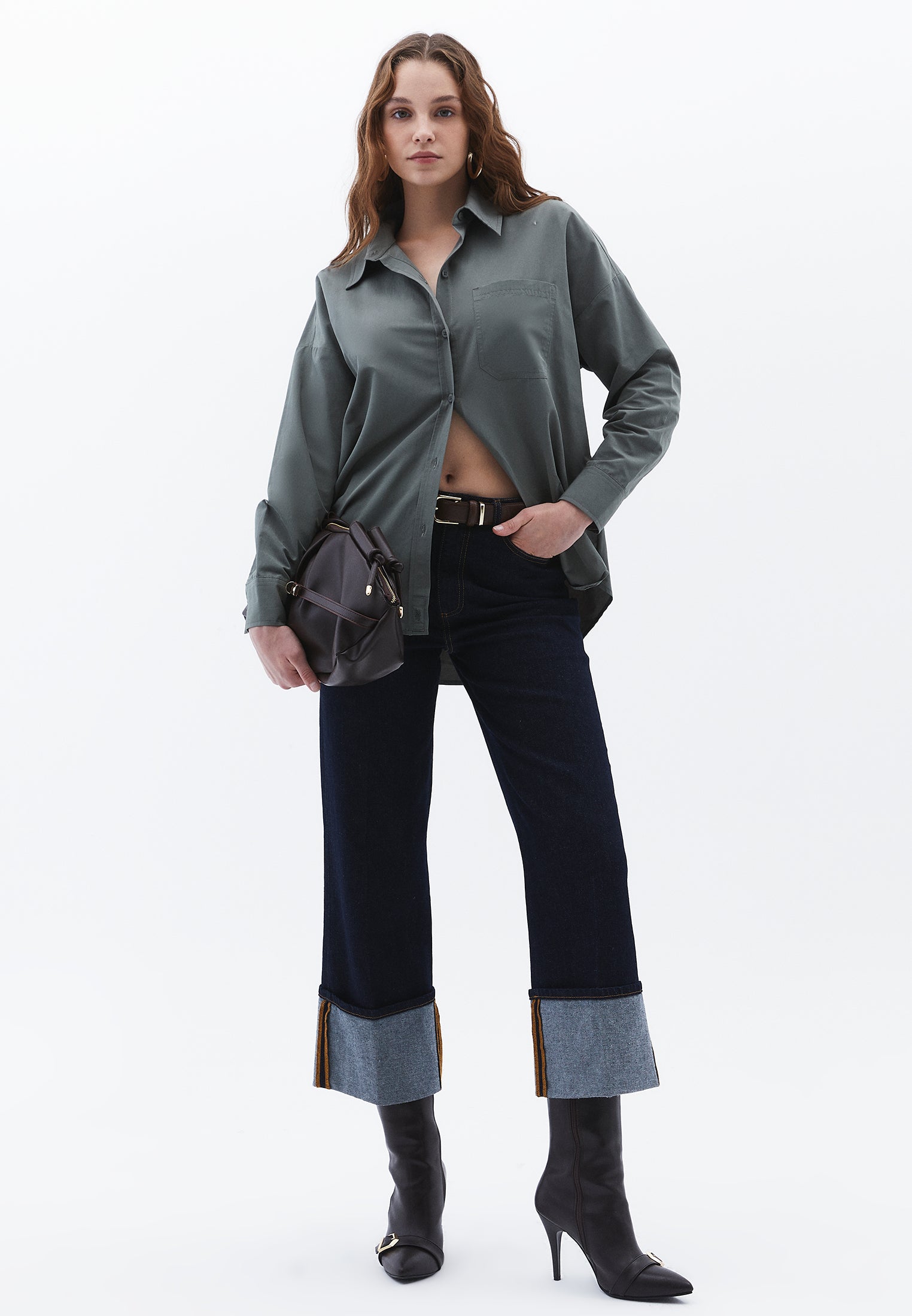 Oversize Long Sleeve Printed Shirt - MULLED BASIL