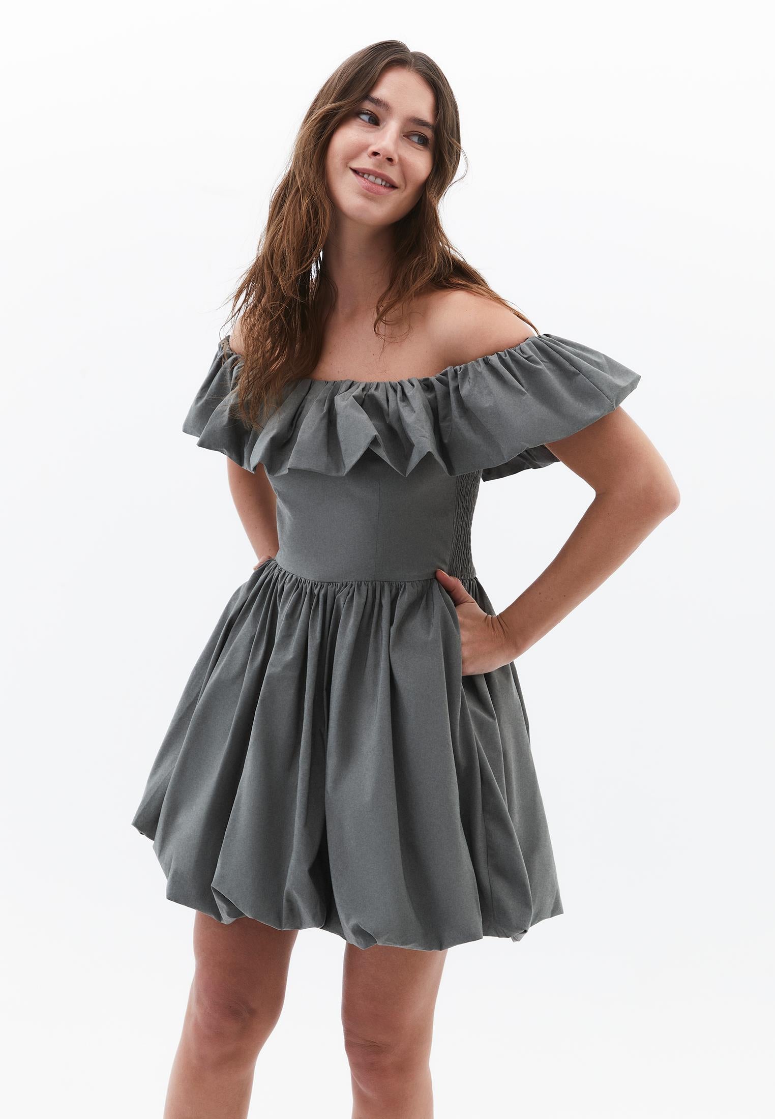 Balloon Shape Sleeveless Short Dress with Dropped Shoulder - MULLED BASIL