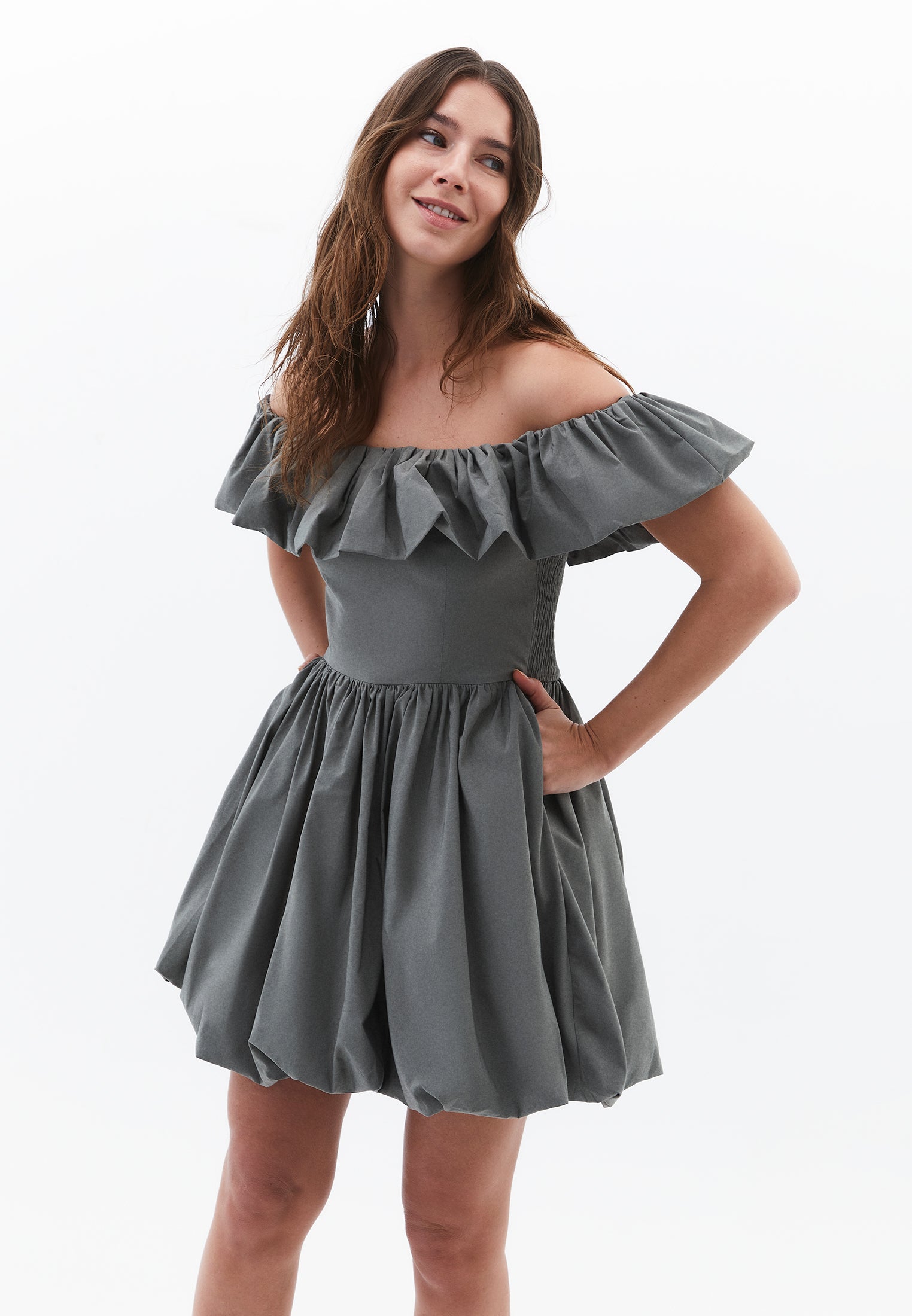 Balloon Mini Dress with Dropped Shoulders - MULLED BASIL