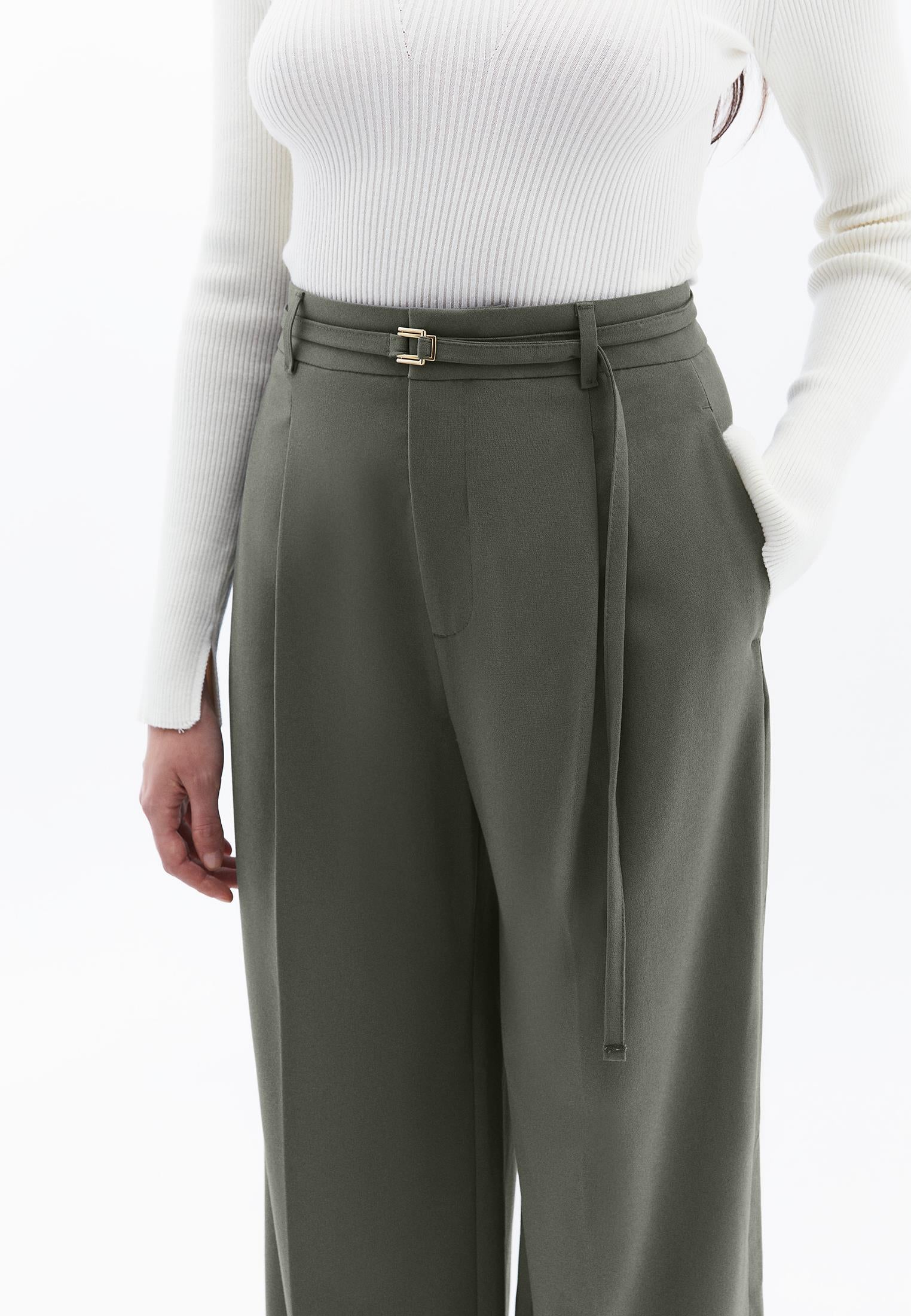 Straight Pants With Belt Detail - MULLED BASIL