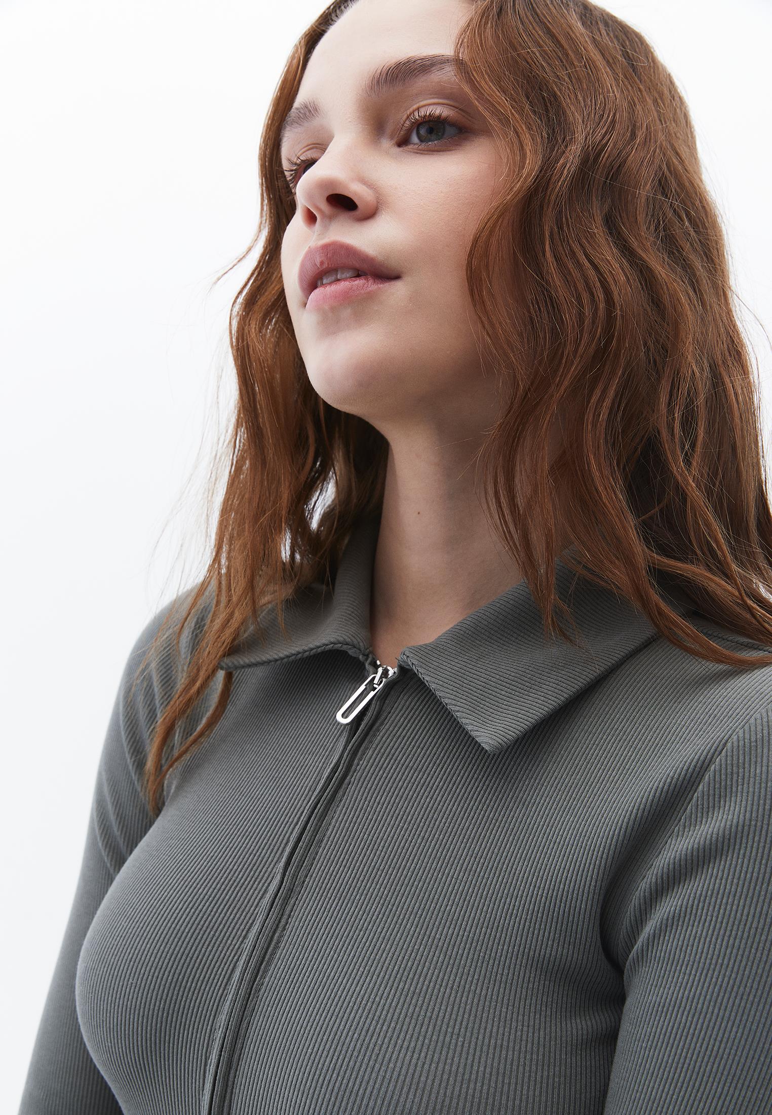 Long Sleeve Polo Collar Zipper Detail T-Shirt - MULLED BASIL