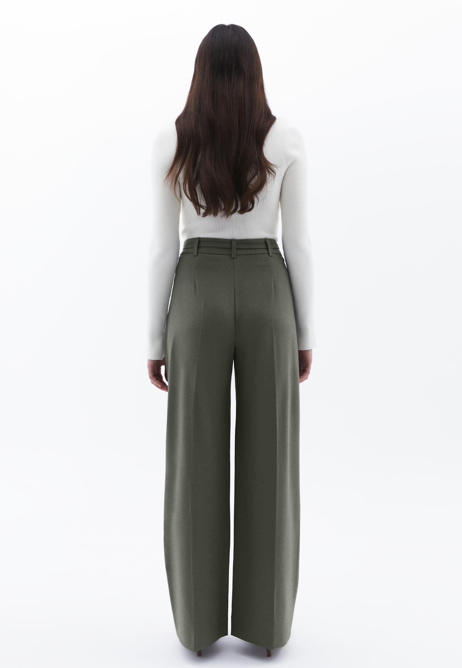 Straight Pants With Belt Detail - MULLED BASIL