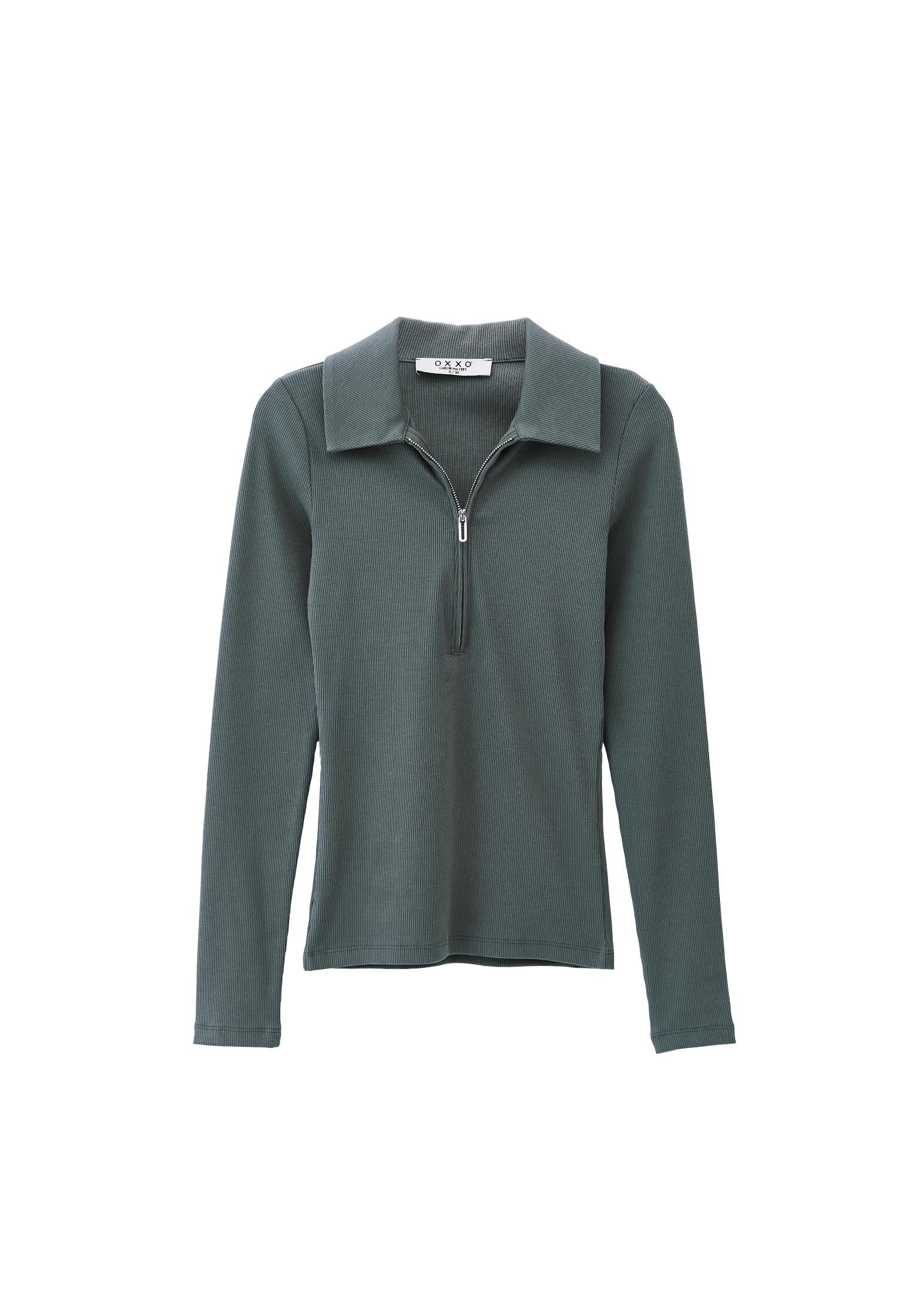 Long Sleeve Polo Collar Zipper Detail T-Shirt - MULLED BASIL