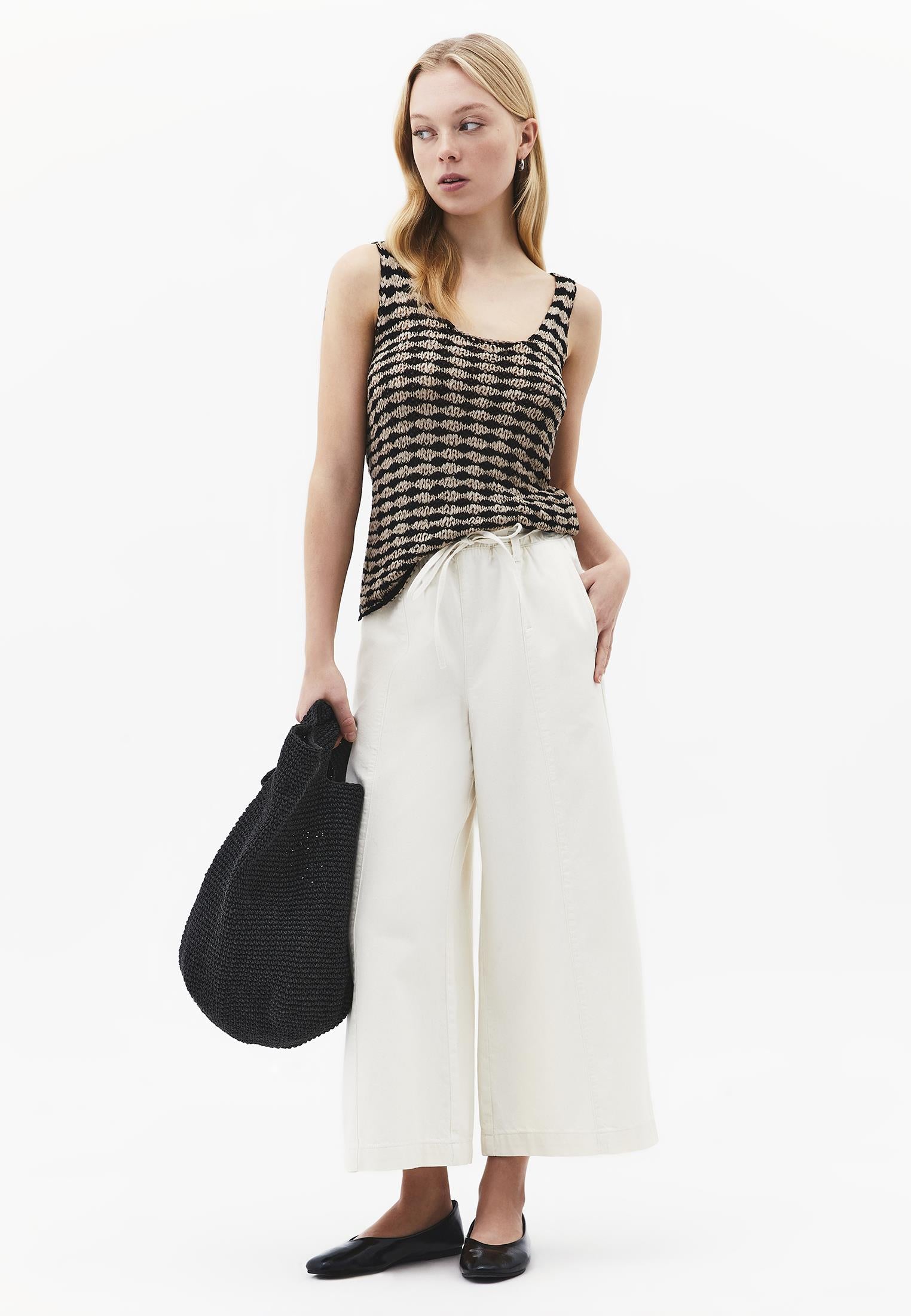 High Waist Elasticated Cropped Culotte Pants - NATURAL