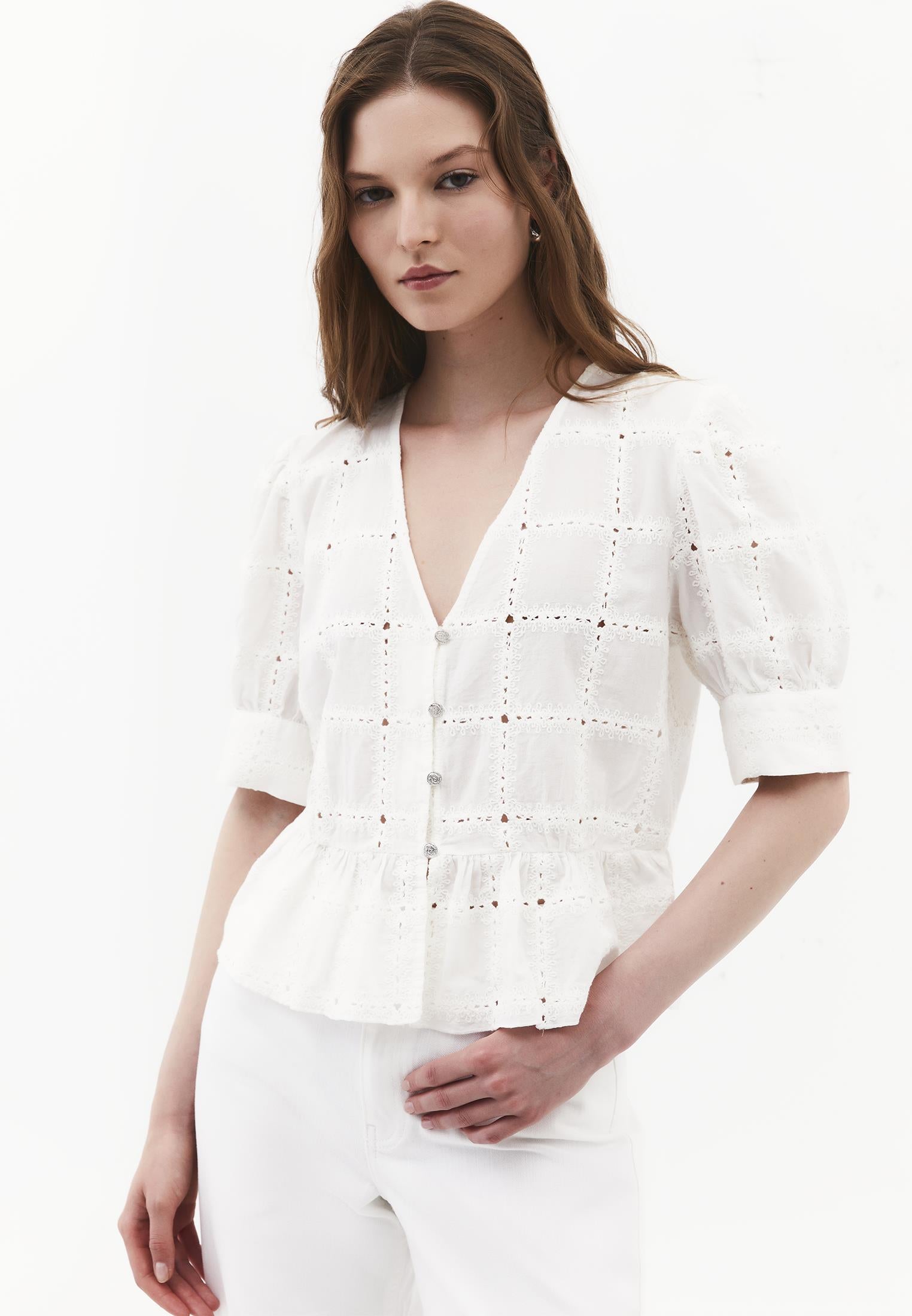 Sleeveless V-Neck Blouse with Embroidery and Ruffle Details - NATURAL