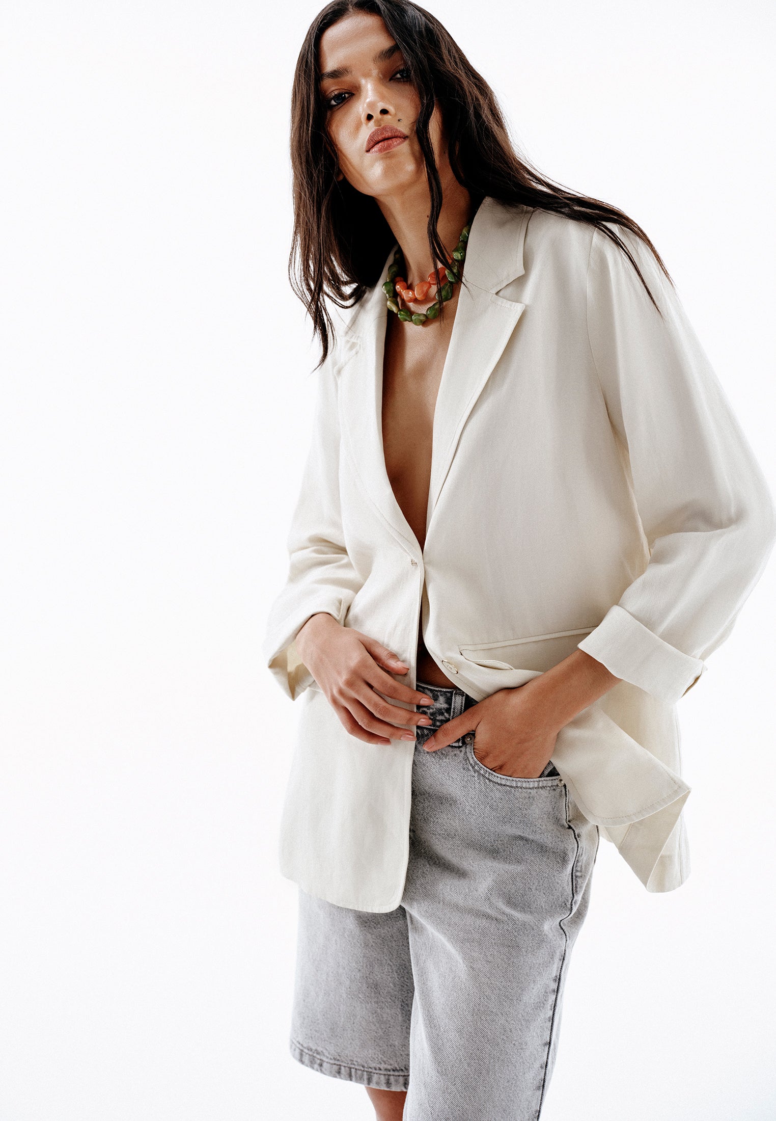 Oversize Blazer With Button Details - NATURAL