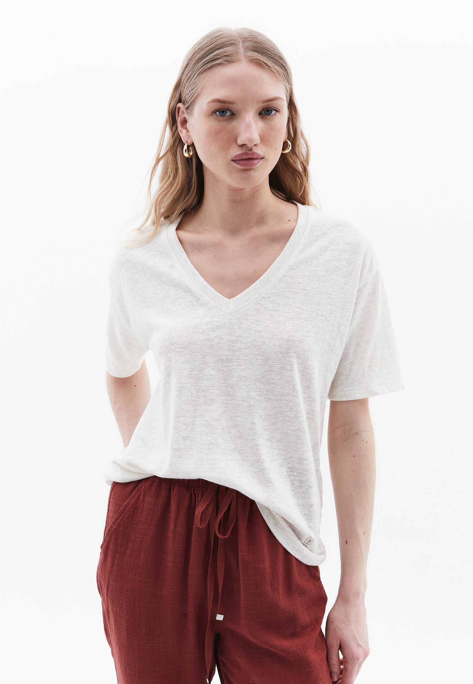 Oversize V Neck Short Sleeve T-Shirt - NATURAL