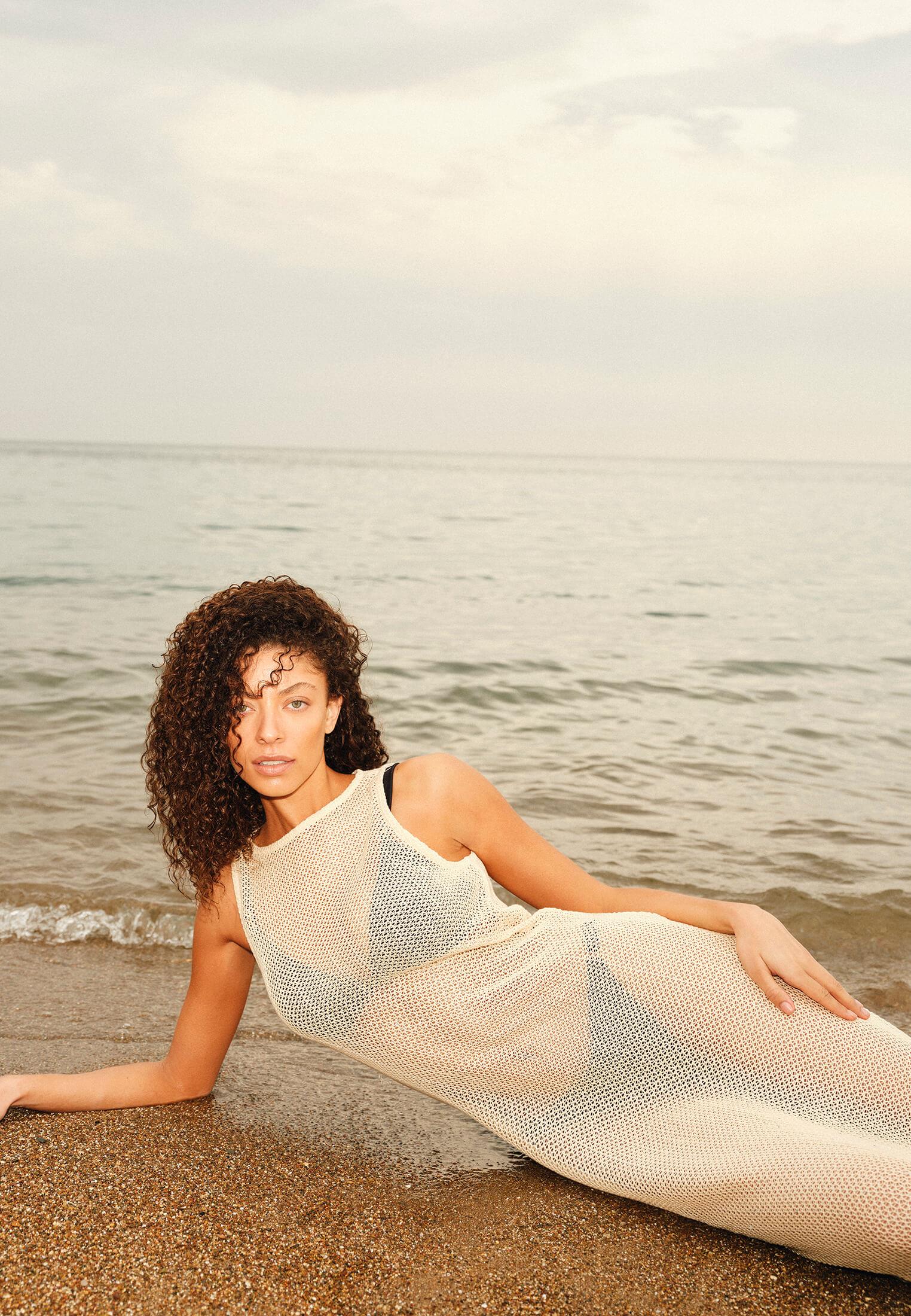 Long A-Line Dress With Boat Neckline - NATURAL