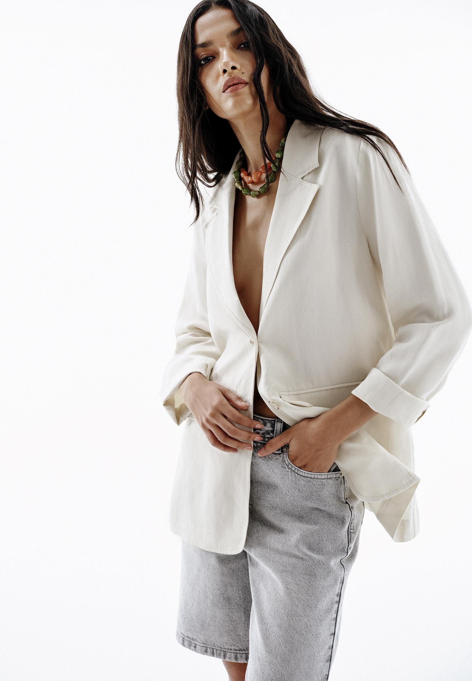 Oversize Blazer With Button Details - NATURAL