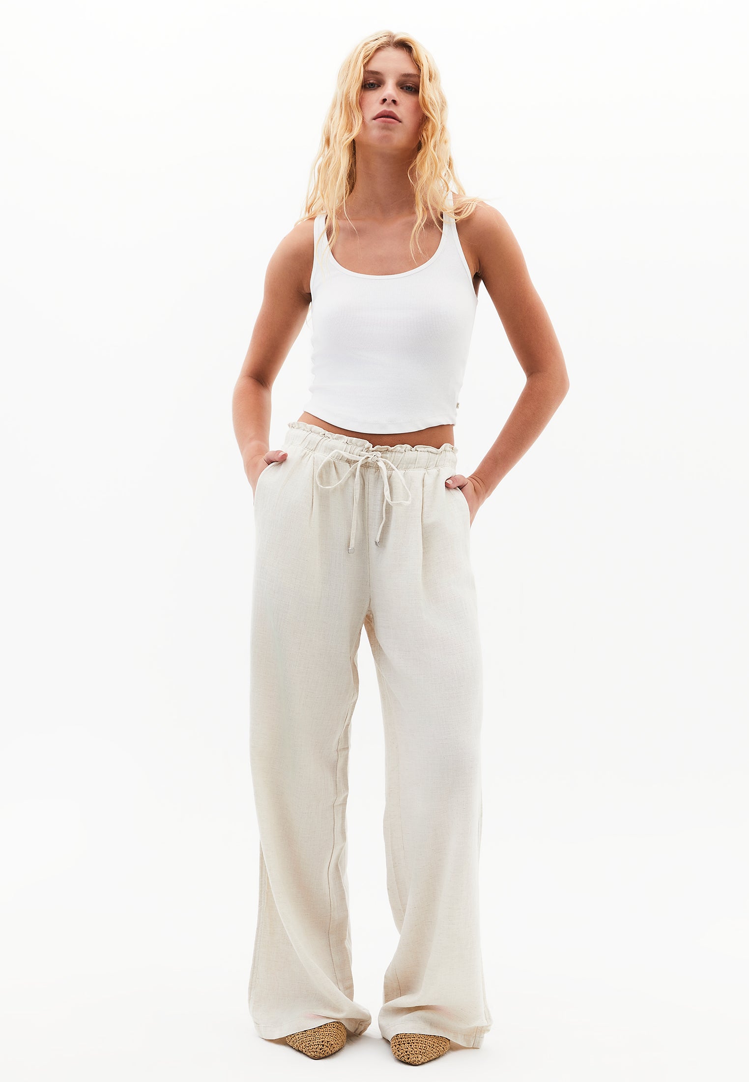High Waist Wide Leg Linen Pants - NATURAL