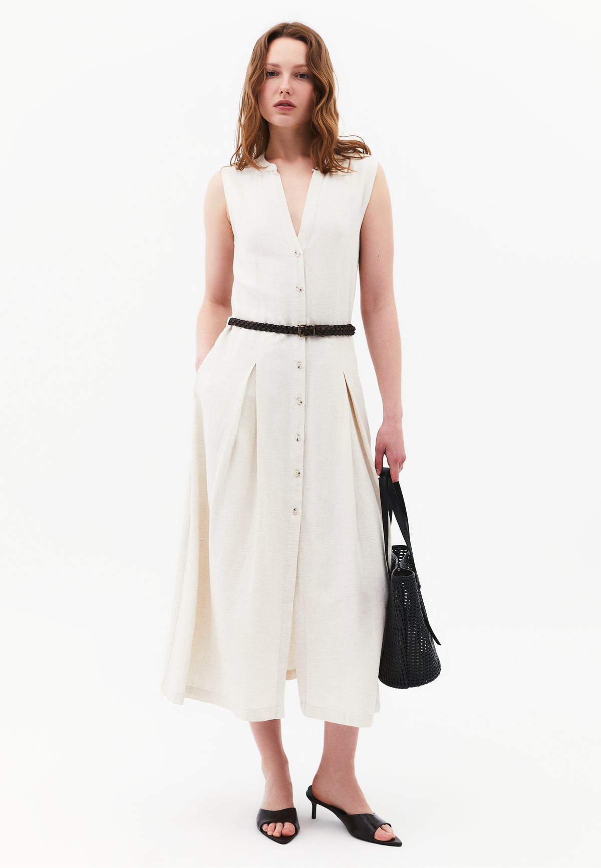 Long A-Line Dress With Belt And Button Details - NATURAL