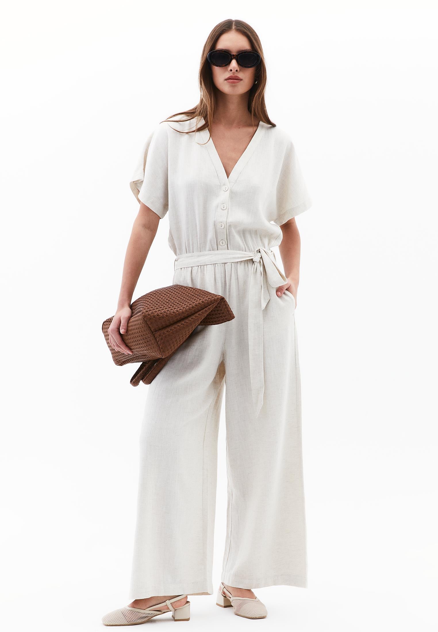 Belted V Neck Wide Leg Jumpsuit - NATURAL