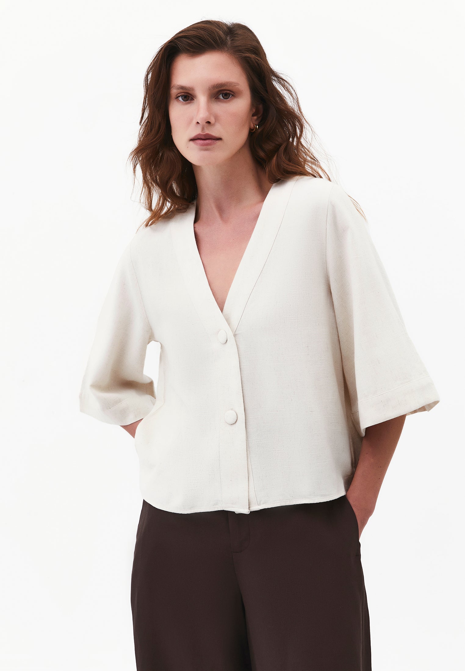 Button Detailed Half Sleeve V Neck Blouse - NATURAL