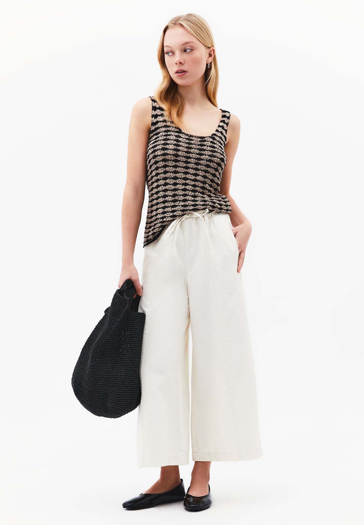 High Waist Elasticated Cropped Culotte Pants - NATURAL