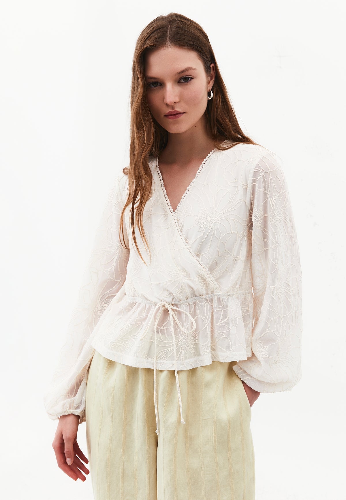 Wrap Balloon Sleeve Embroidered Blouse - NATURAL