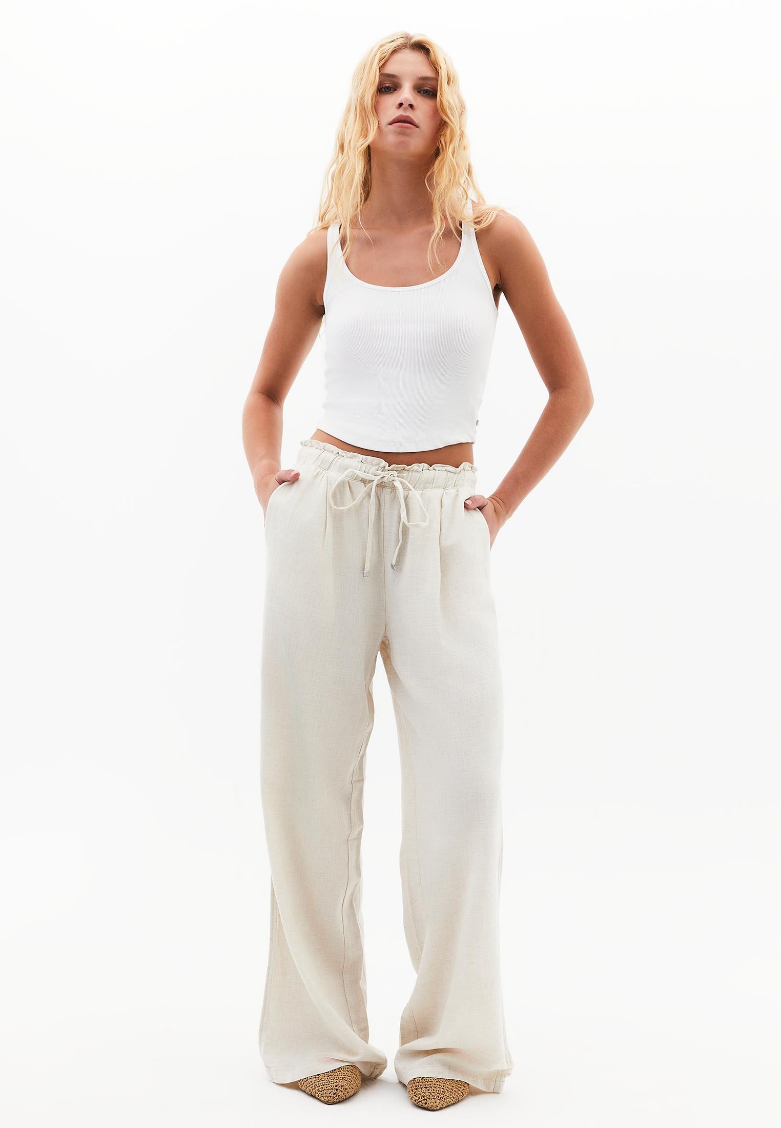 Wide Leg High Waist Pants - NATURAL