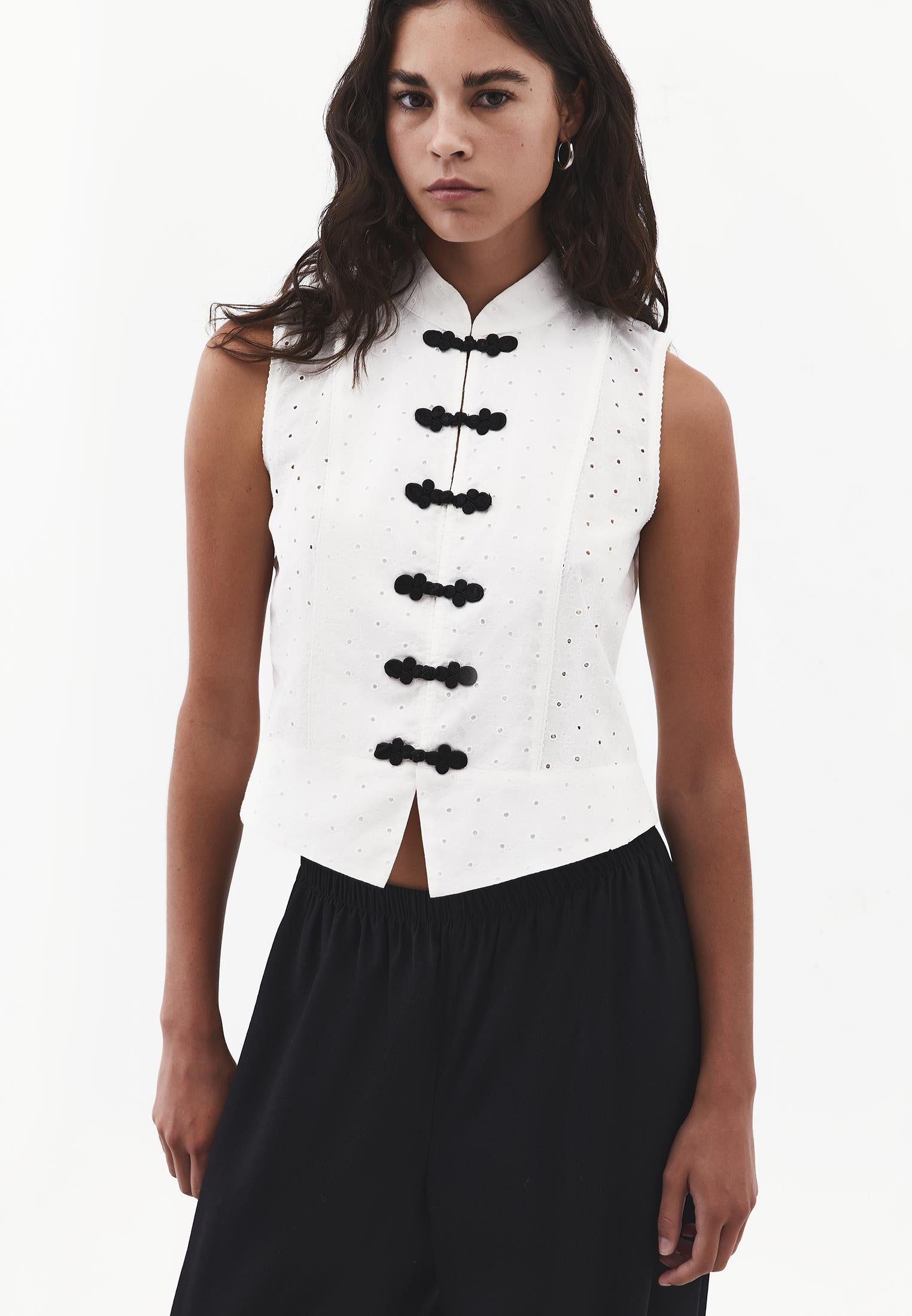 Loose Vest with Button Details - NATURAL