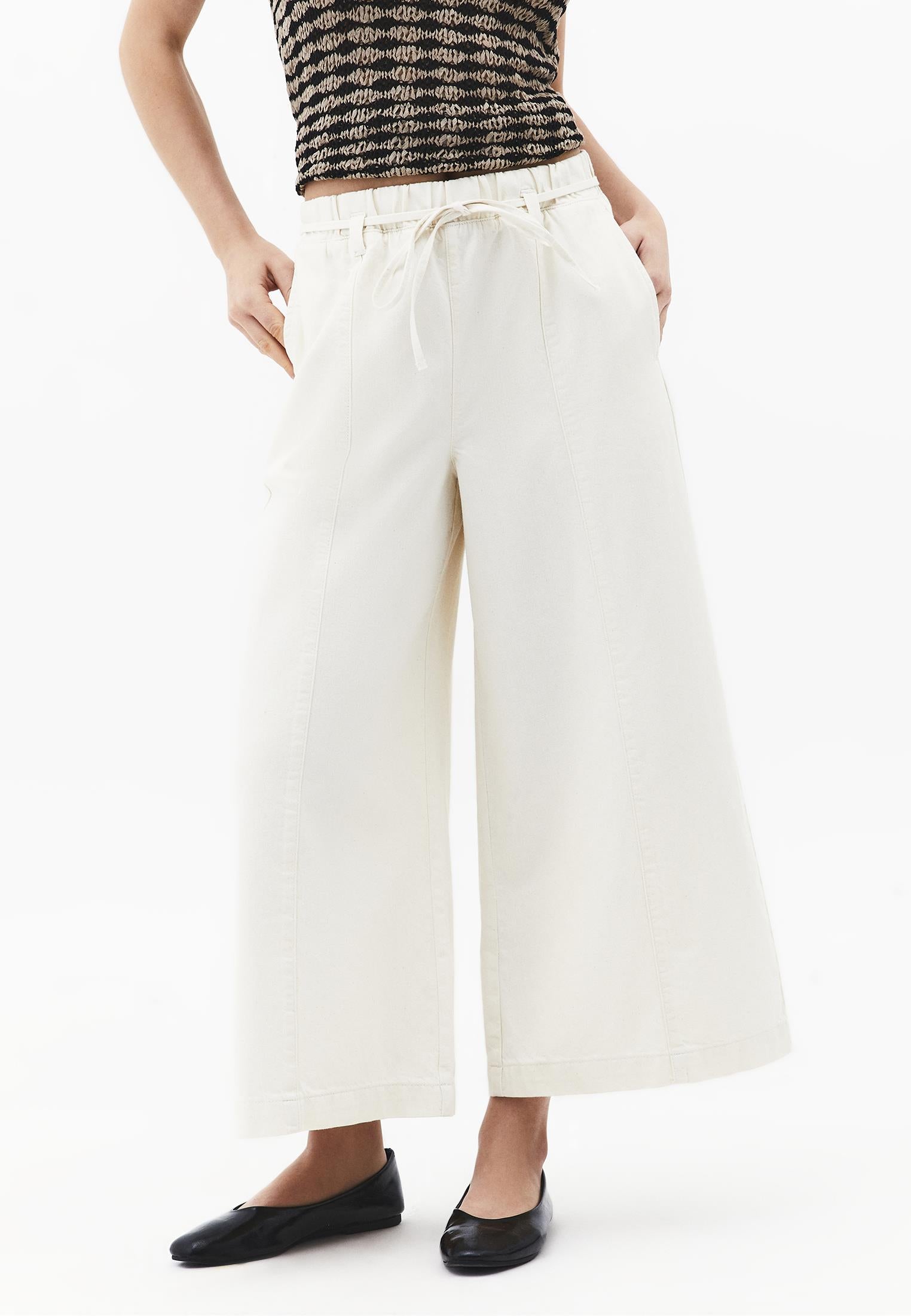 High Waist Elasticated Cropped Culotte Pants - NATURAL