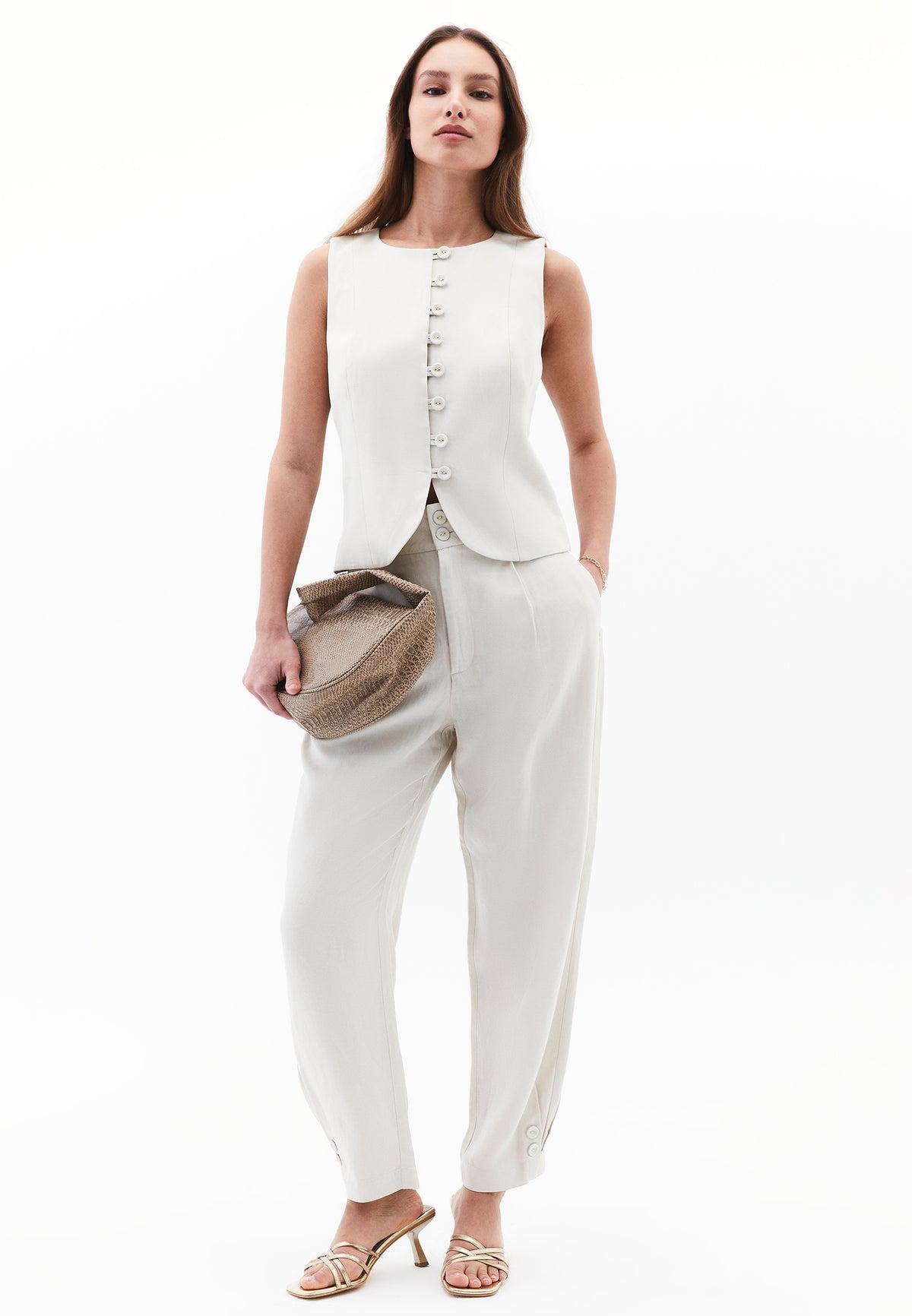 Sleeveless Vest With Button Details - NATURAL