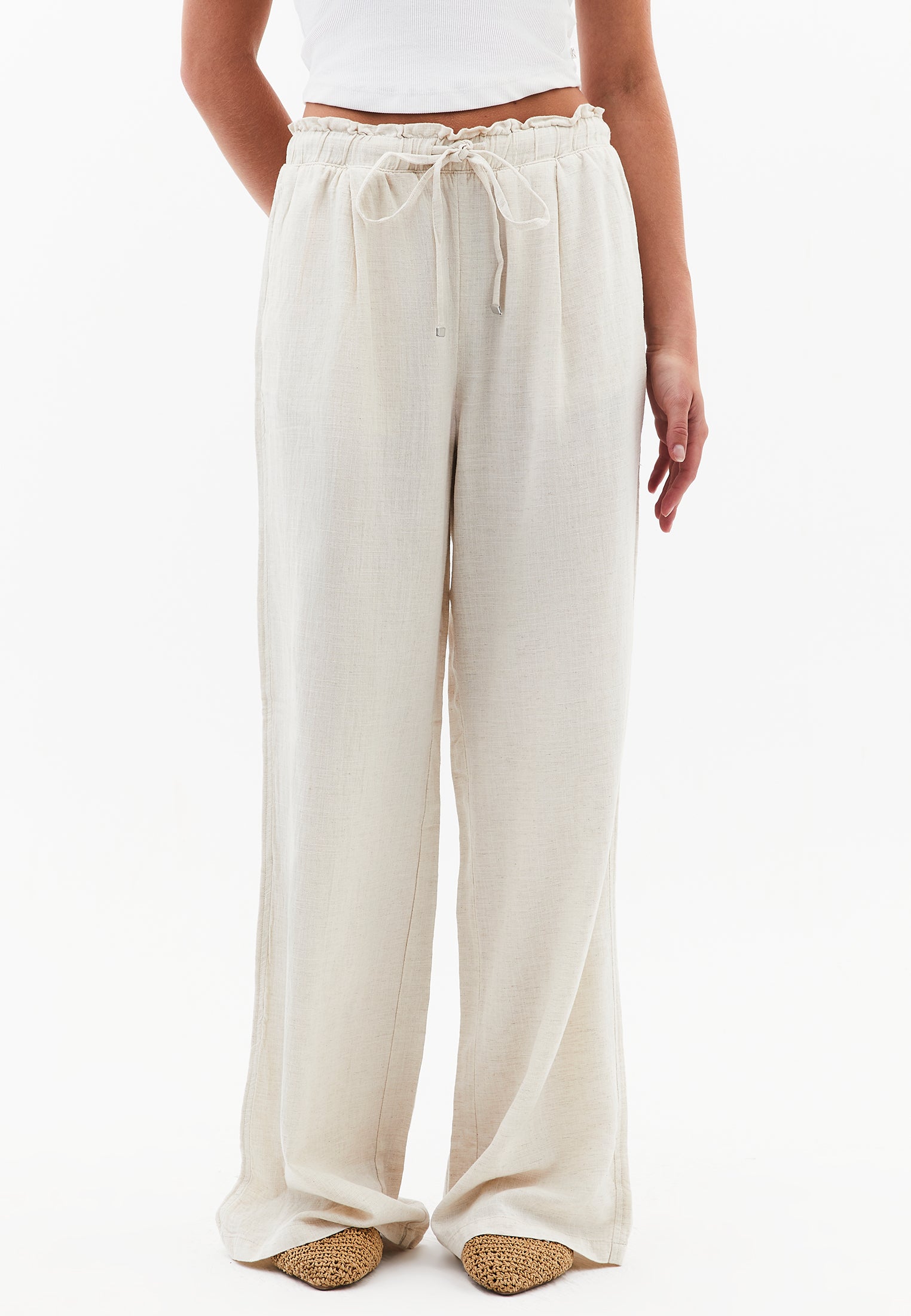 High Waist Wide Leg Linen Pants - NATURAL