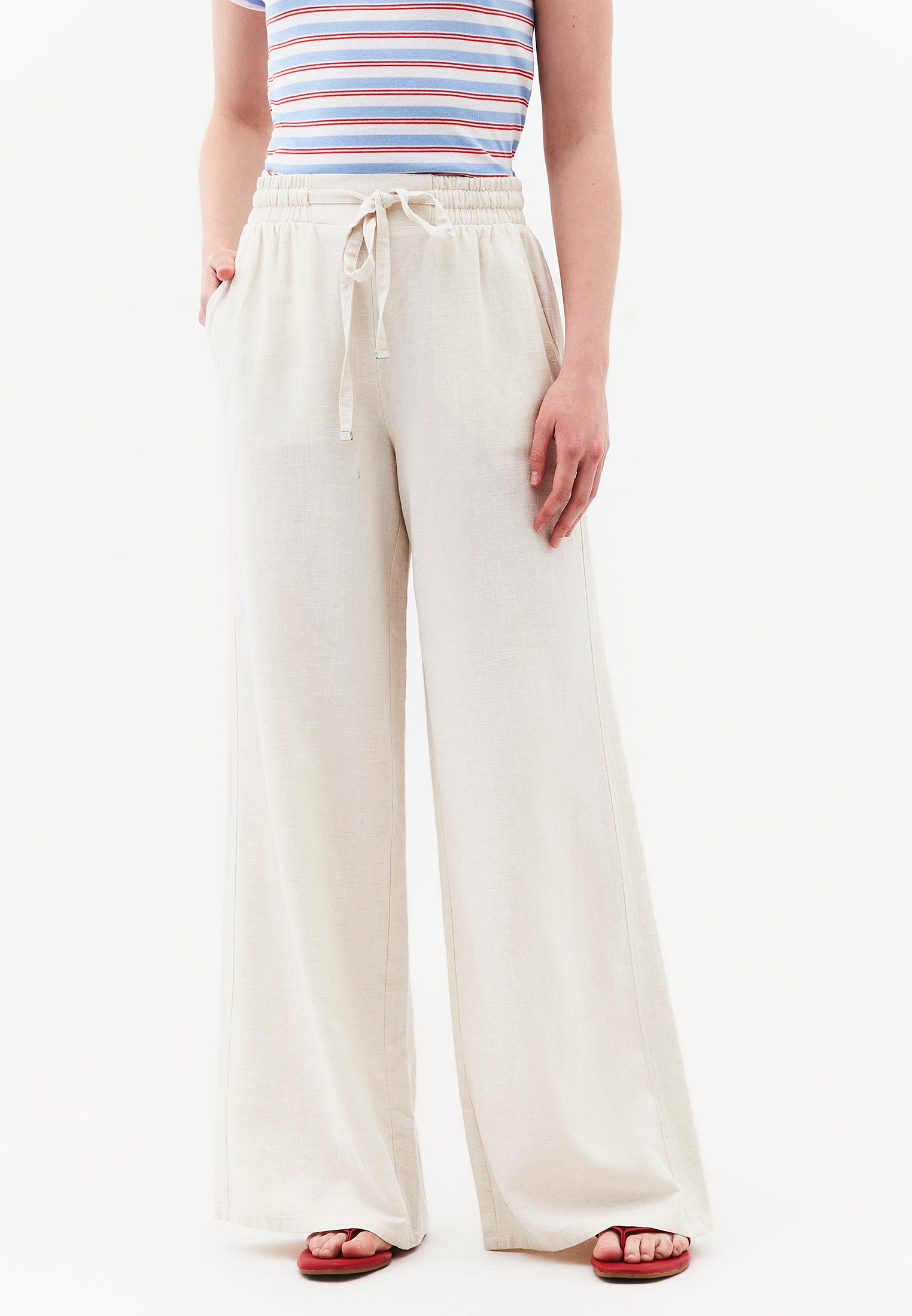 High Waist Wide Leg Elastic Waist Pants - NATURAL