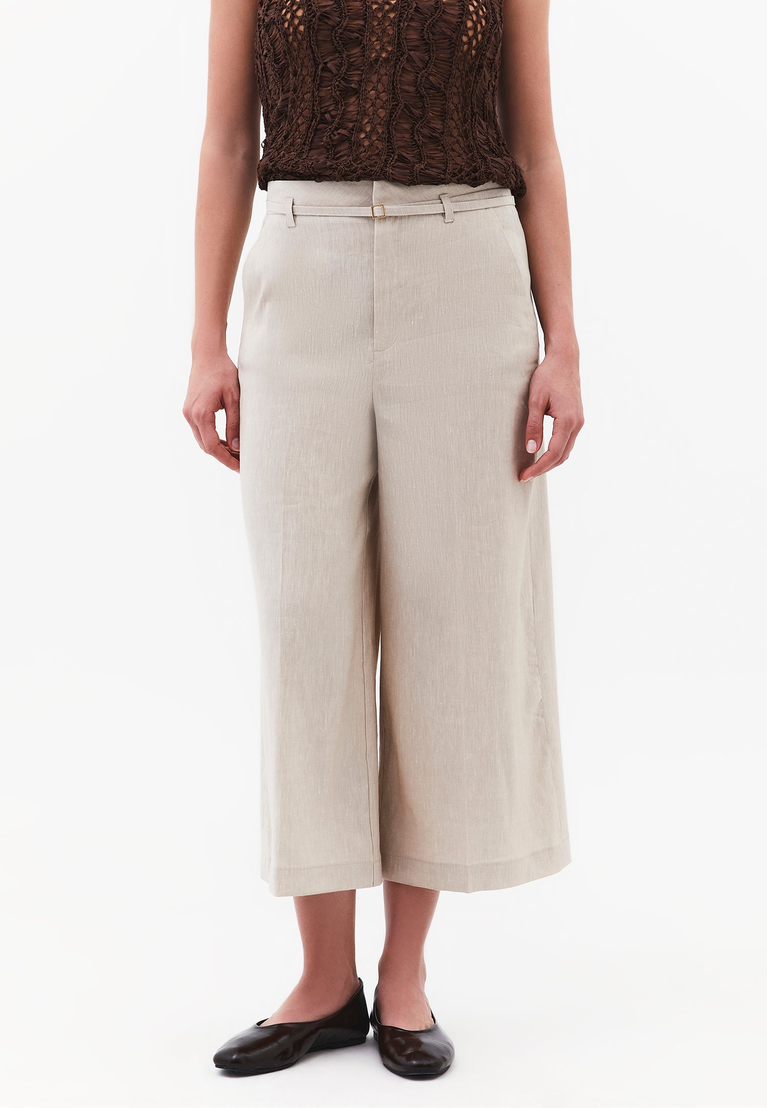 High Waist Wide Leg Belted Pants - NATURAL