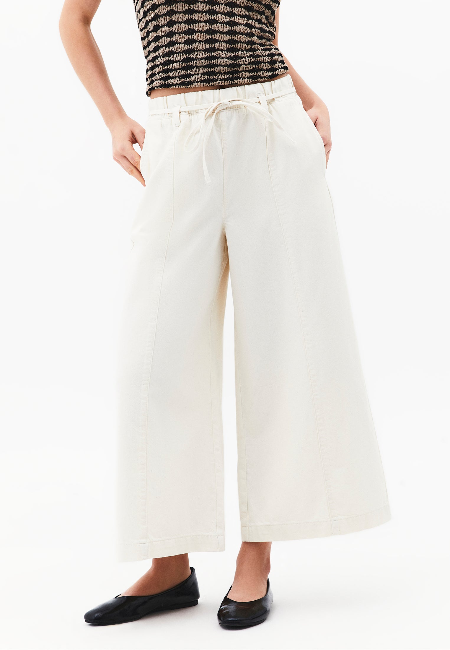 High Waist Elasticated Cropped Culotte Pants - NATURAL