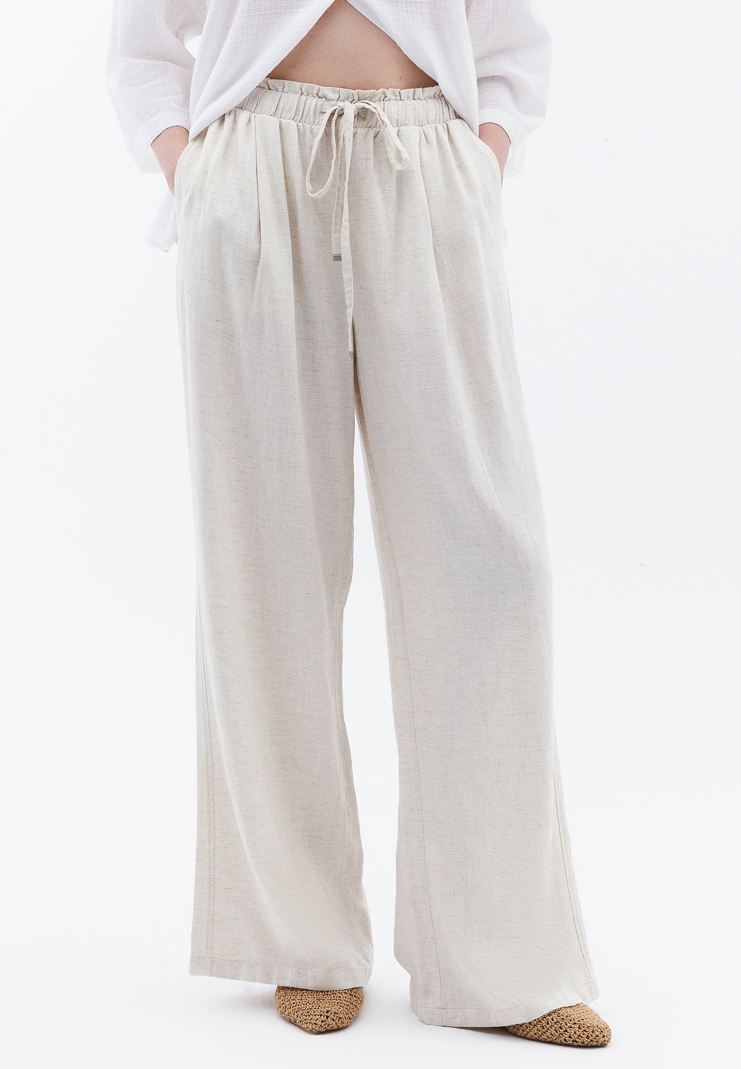 Wide Leg High Waist Pants - NATURAL