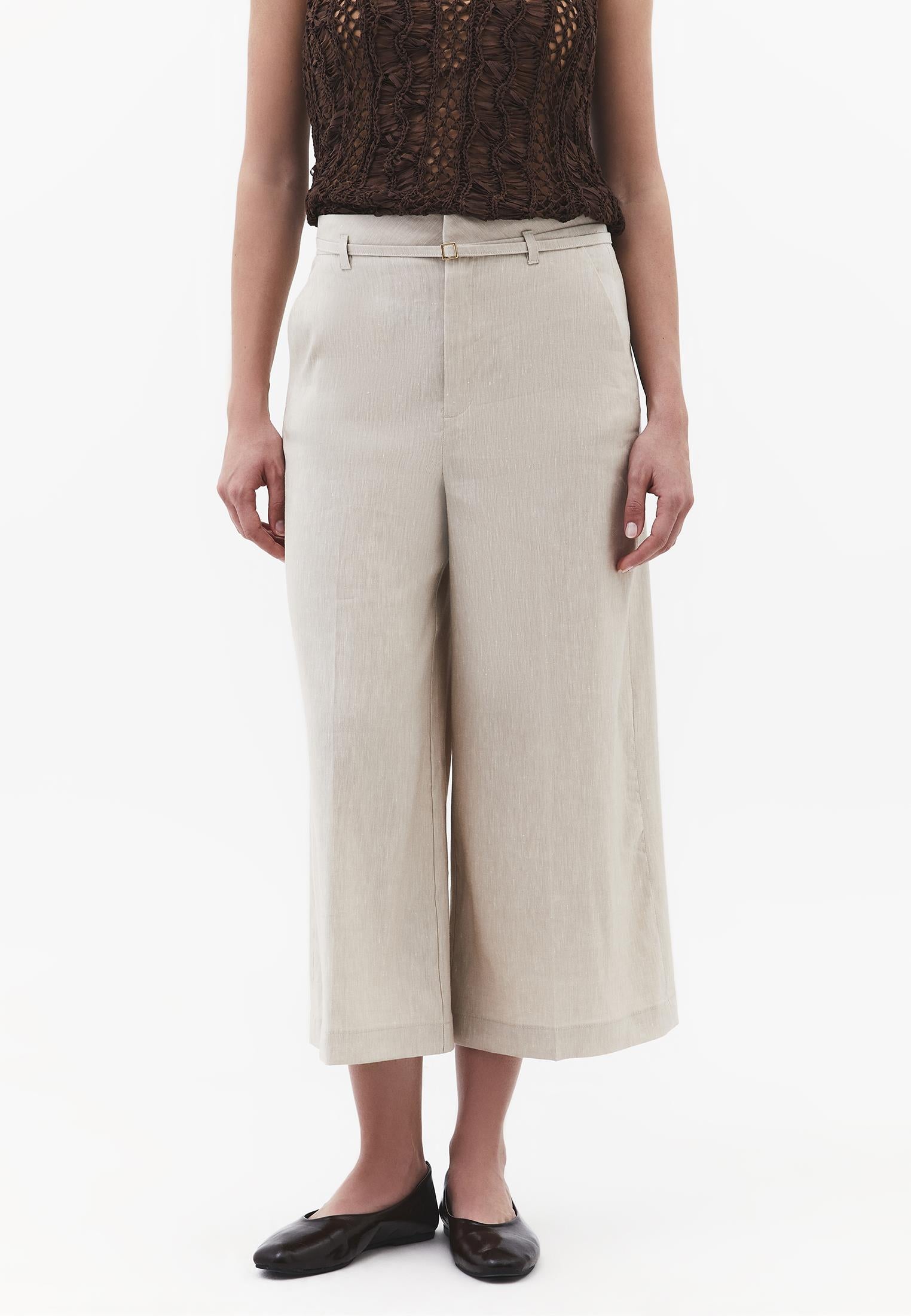 High Waist Wide Leg Belted Pants - NATURAL