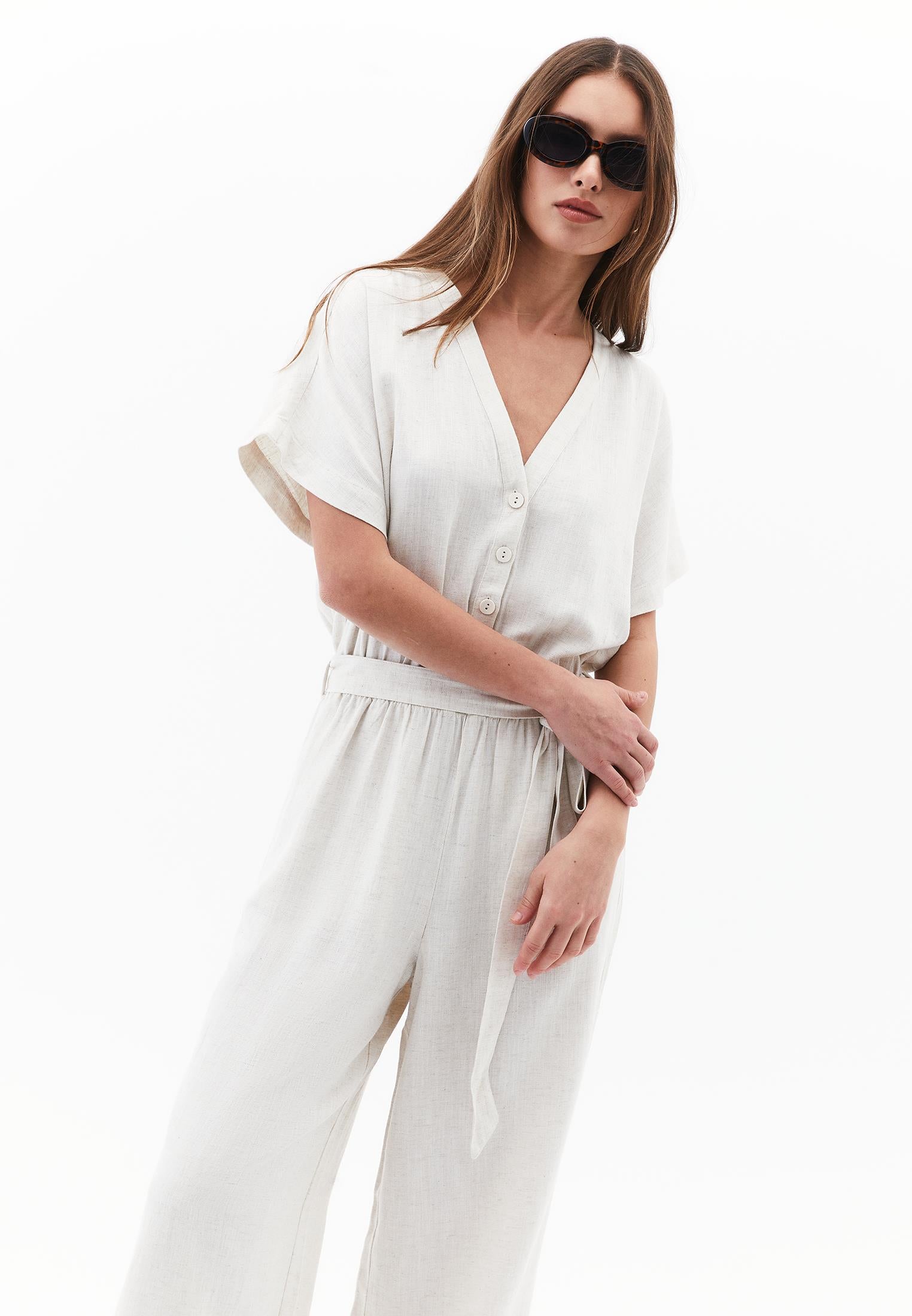 Belted V Neck Wide Leg Jumpsuit - NATURAL