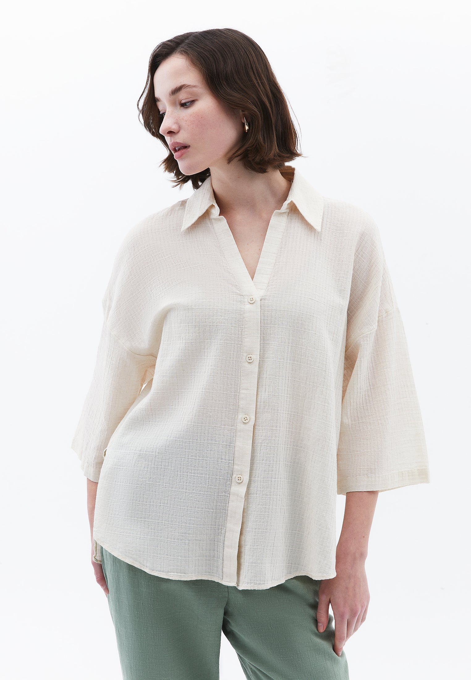 Oversized Shirt With Button Details - NATURAL